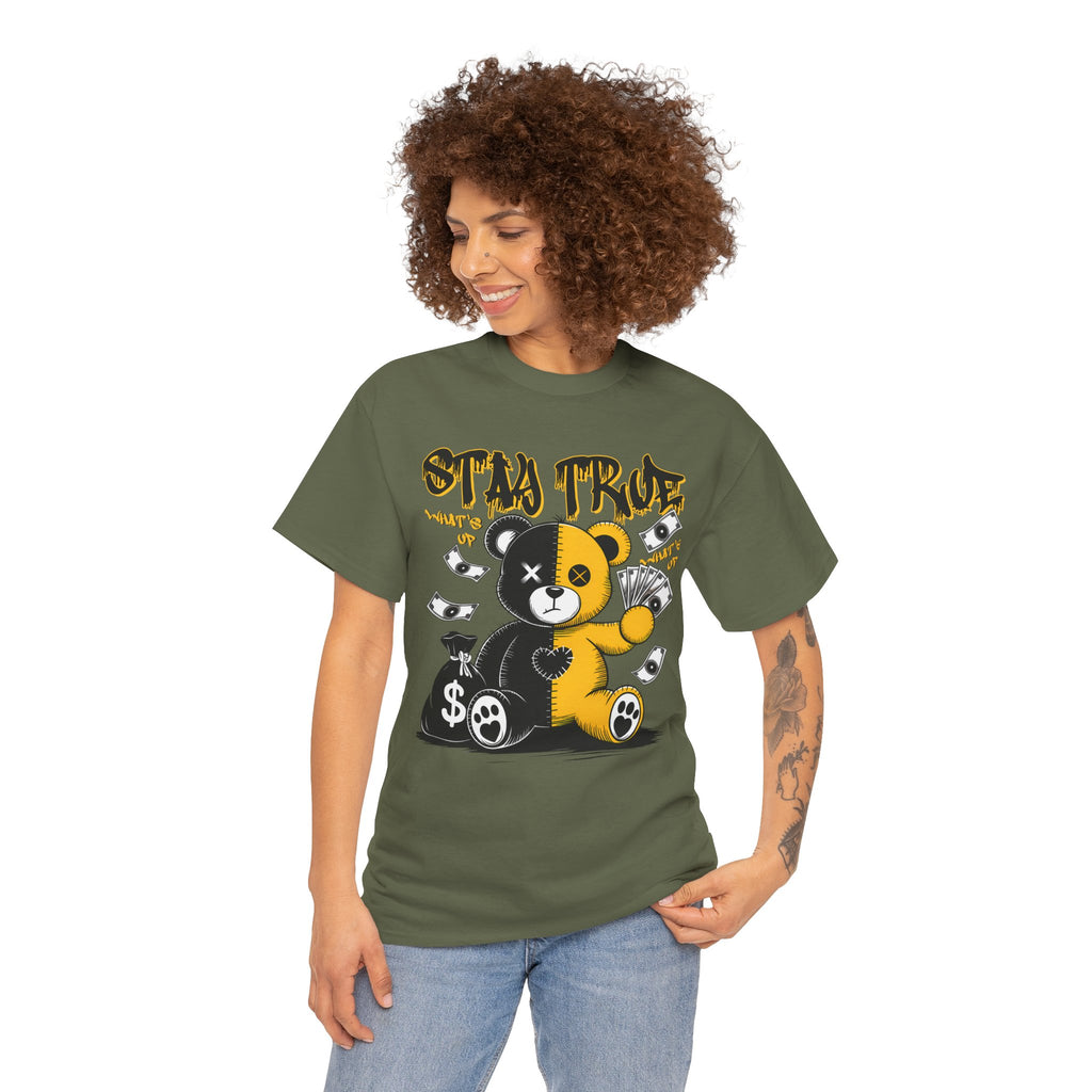 Stay True Bear Graphic Tee — Cute Black & Yellow Money Bear Shirt