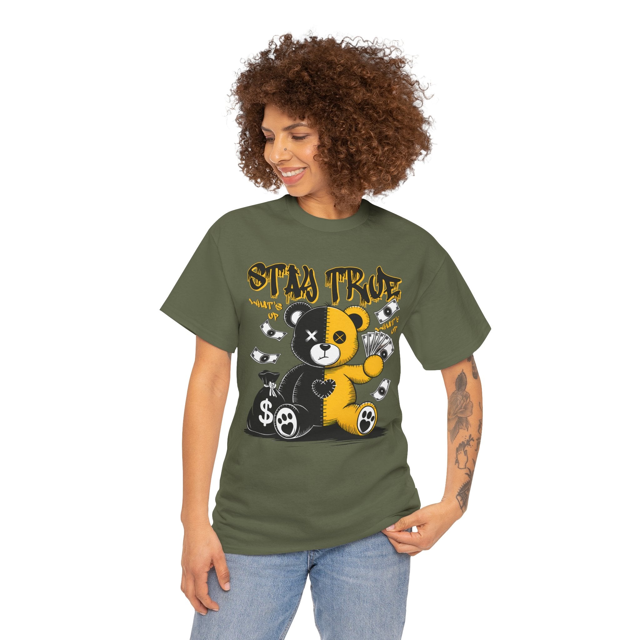 Stay True Bear Graphic Tee — Cute Black & Yellow Money Bear Shirt