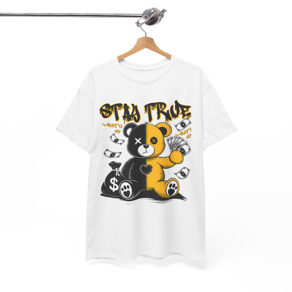 Stay True Bear Graphic Tee — Cute Black & Yellow Money Bear Shirt