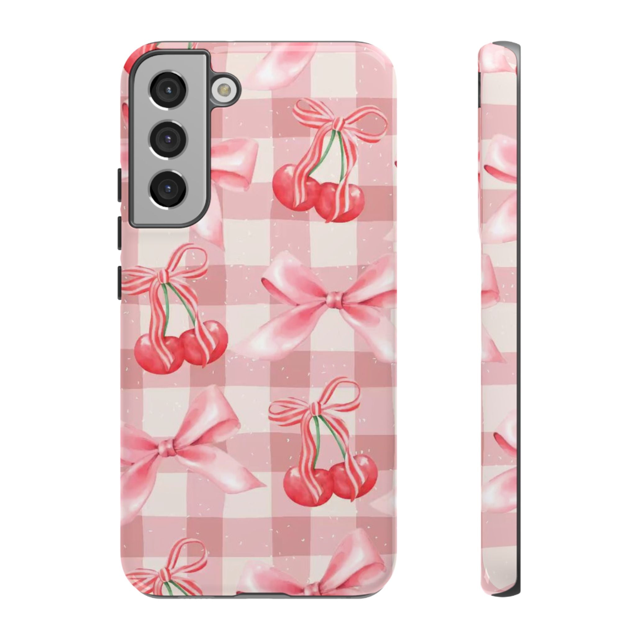 Pink Cherry Bow Phone Case — Cute Gingham Cherry Pattern
