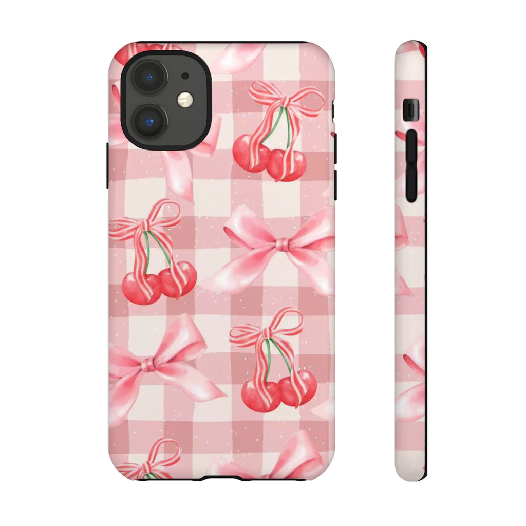 Pink Cherry Bow Phone Case — Cute Gingham Cherry Pattern