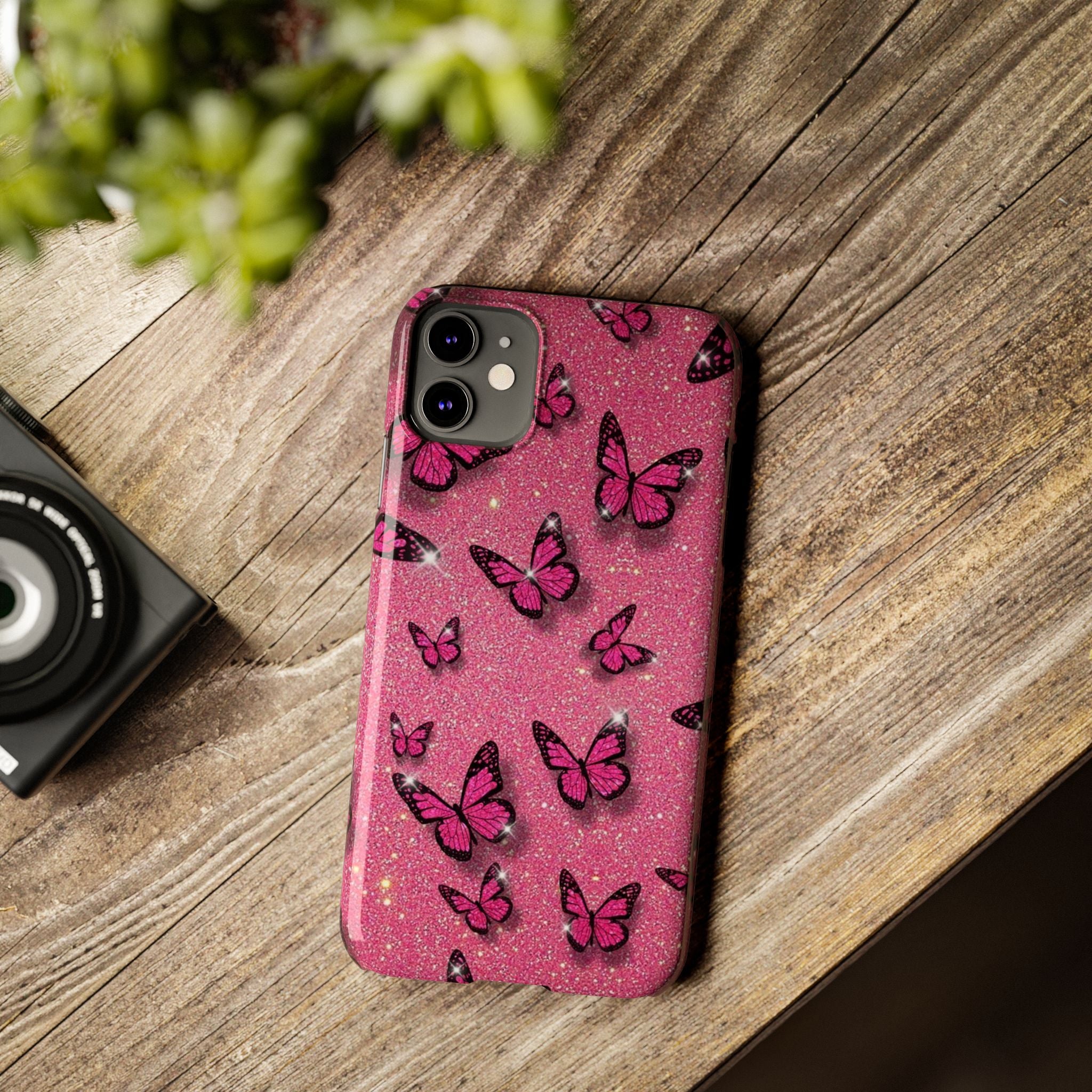 Pink Glitter Butterfly Slim Phone Case — Sparkle Galaxy Floral Phone Cover