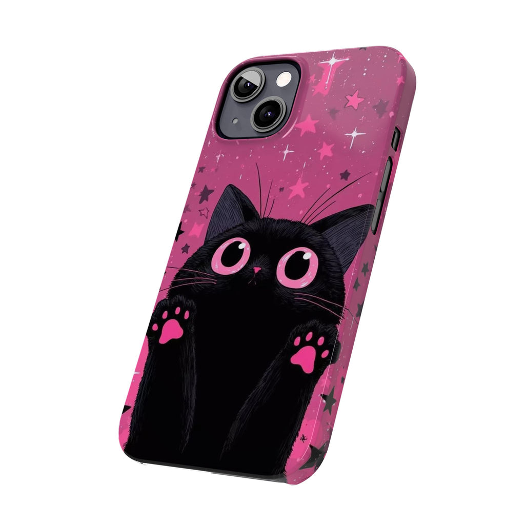 Cute Black Cat with Pink Paws Slim Phone Case | Starry Background
