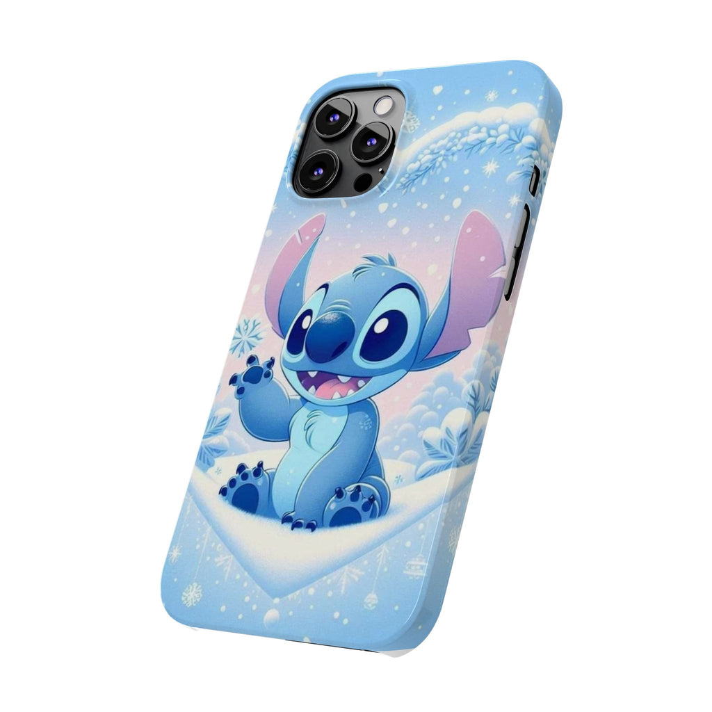 Cute Blue Alien Character Slim Phone Case | Snow Heart Pattern