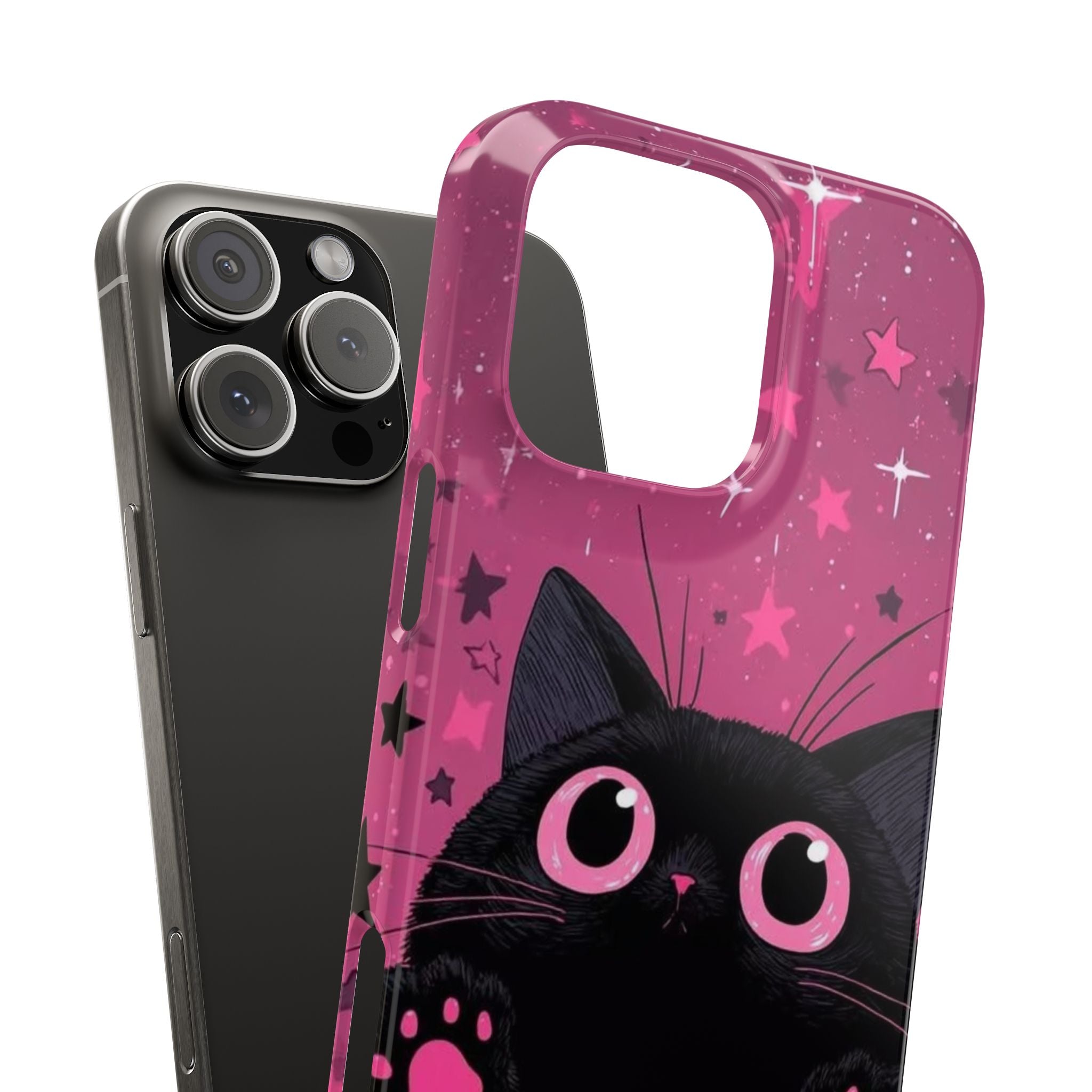 Cute Black Cat with Pink Paws Slim Phone Case | Starry Background