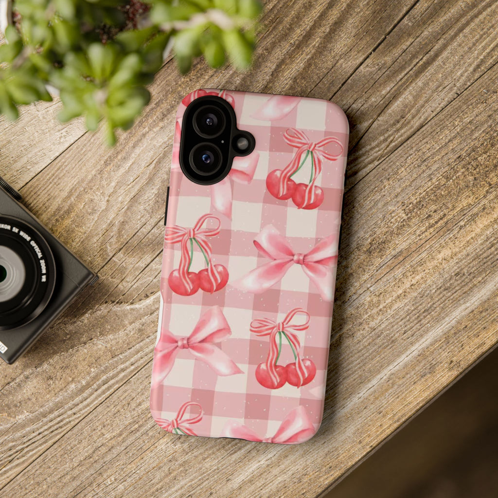 Pink Cherry Bow Phone Case — Cute Gingham Cherry Pattern