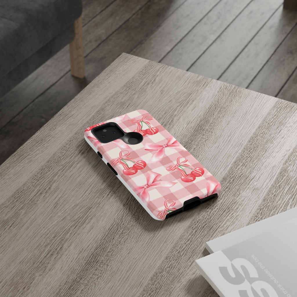 Pink Cherry Bow Phone Case — Cute Gingham Cherry Pattern