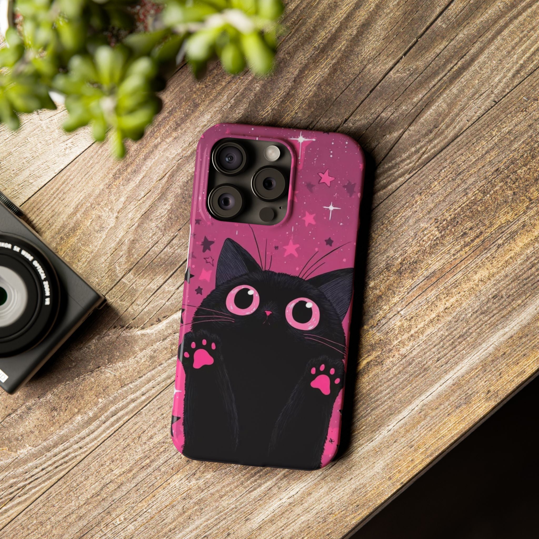 Cute Black Cat with Pink Paws Slim Phone Case | Starry Background