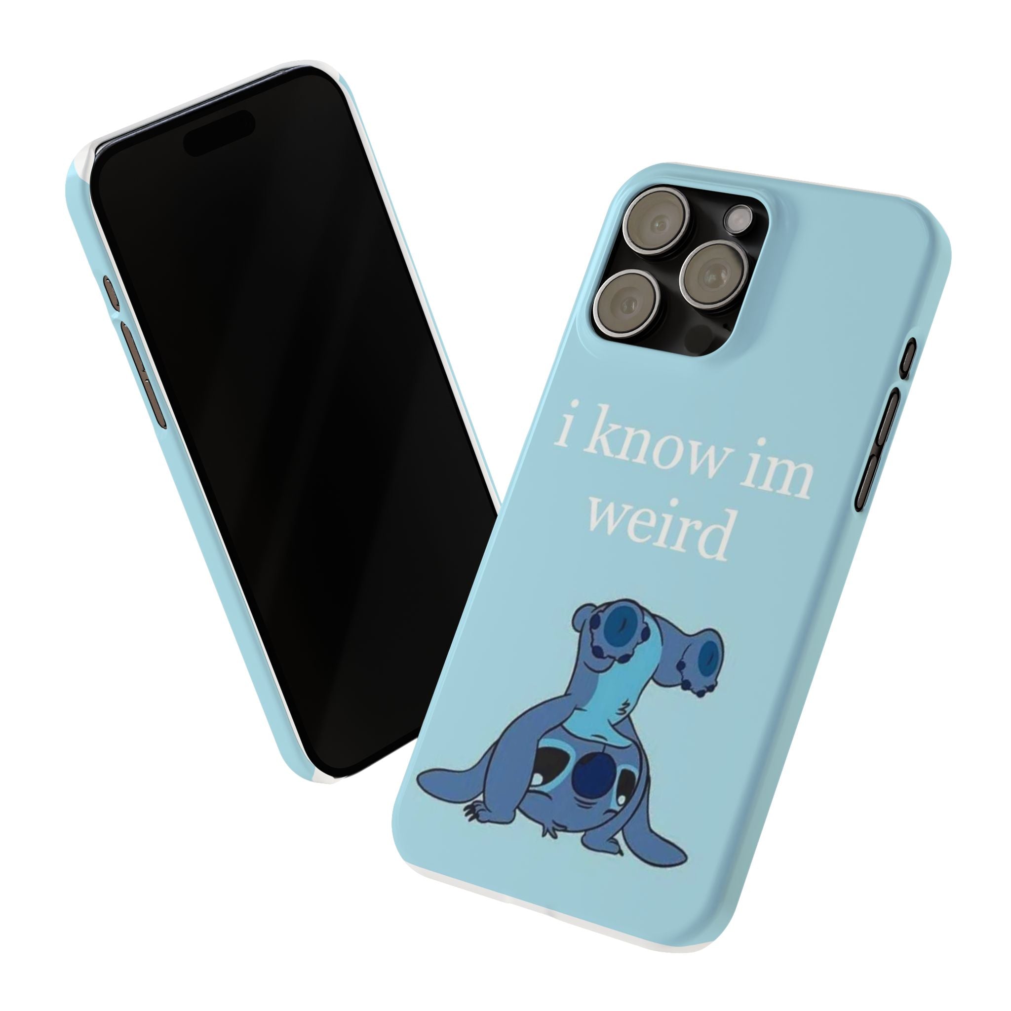 Slim Phone Case — Cute Blue Stitch Illustration with “i know im weird” Text