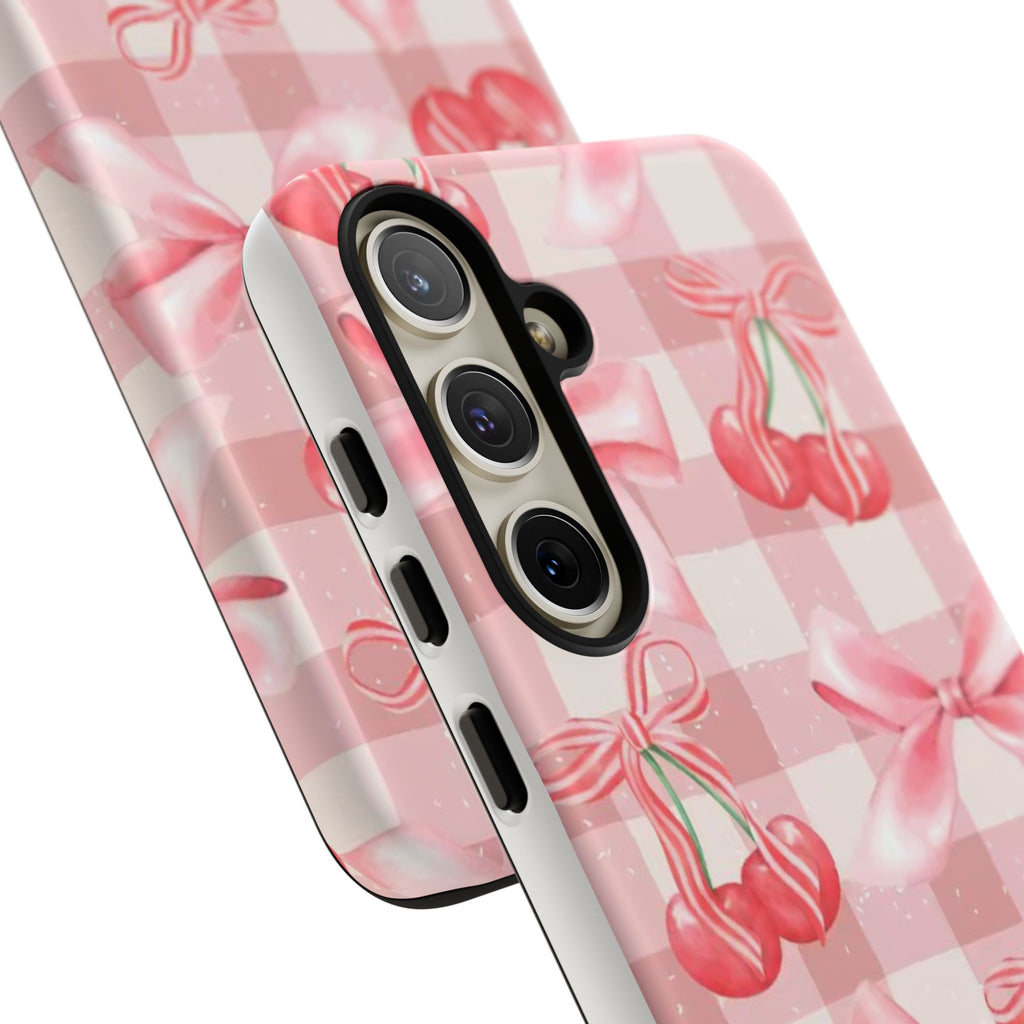 Pink Cherry Bow Phone Case — Cute Gingham Cherry Pattern