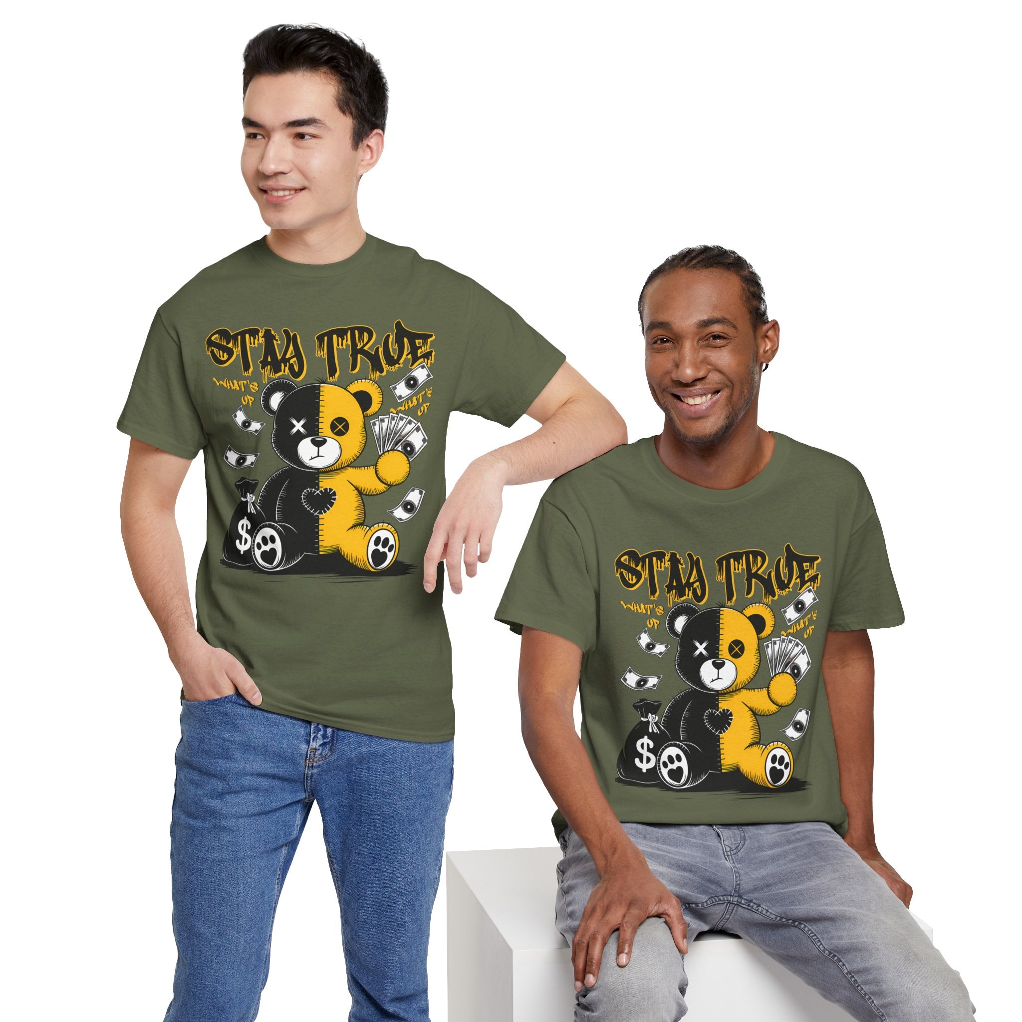 Stay True Bear Graphic Tee — Cute Black & Yellow Money Bear Shirt