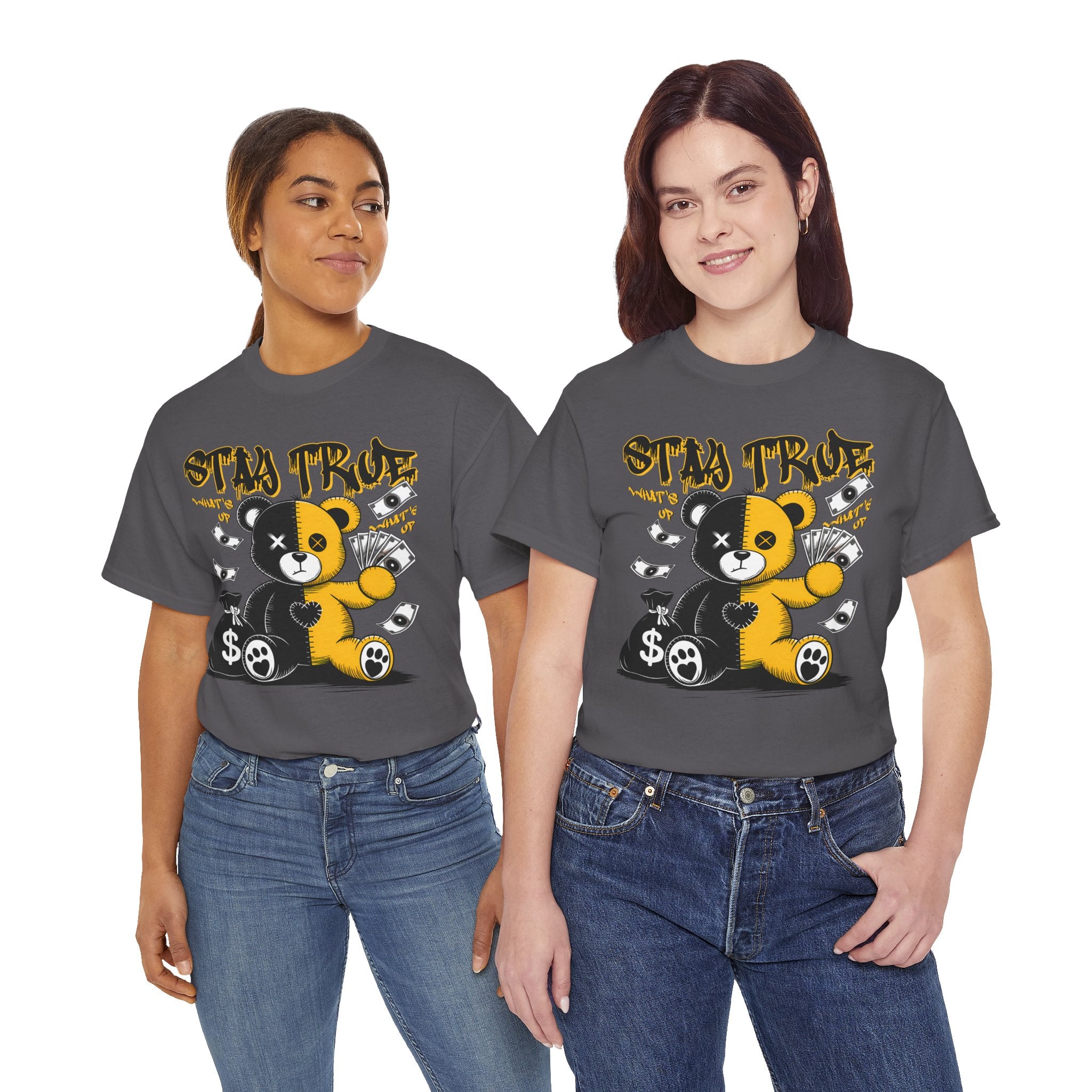 Stay True Bear Graphic Tee — Cute Black & Yellow Money Bear Shirt