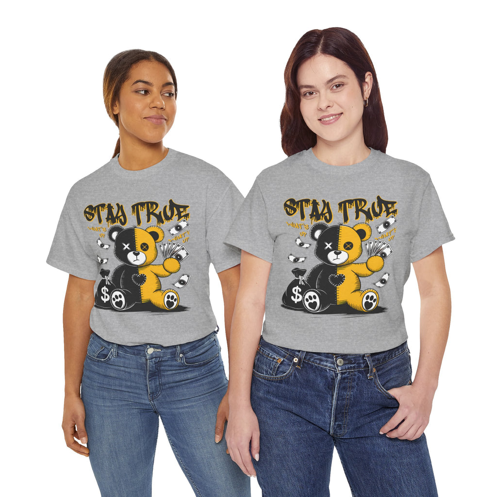 Stay True Bear Graphic Tee — Cute Black & Yellow Money Bear Shirt