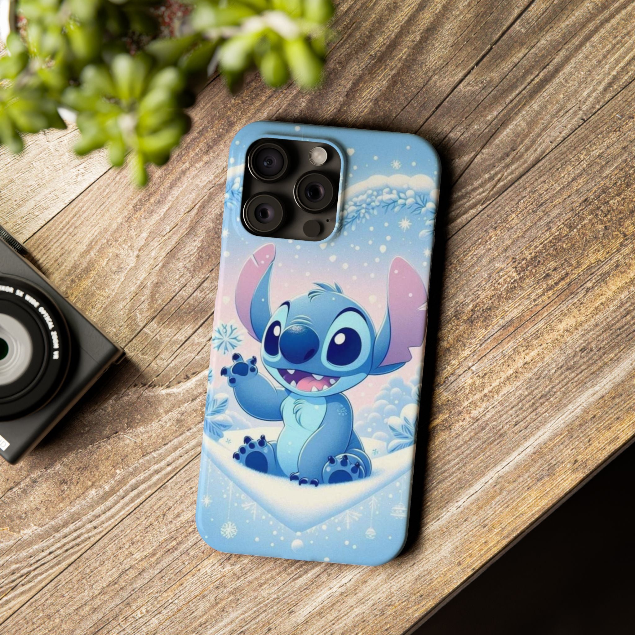Cute Blue Alien Character Slim Phone Case | Snow Heart Pattern