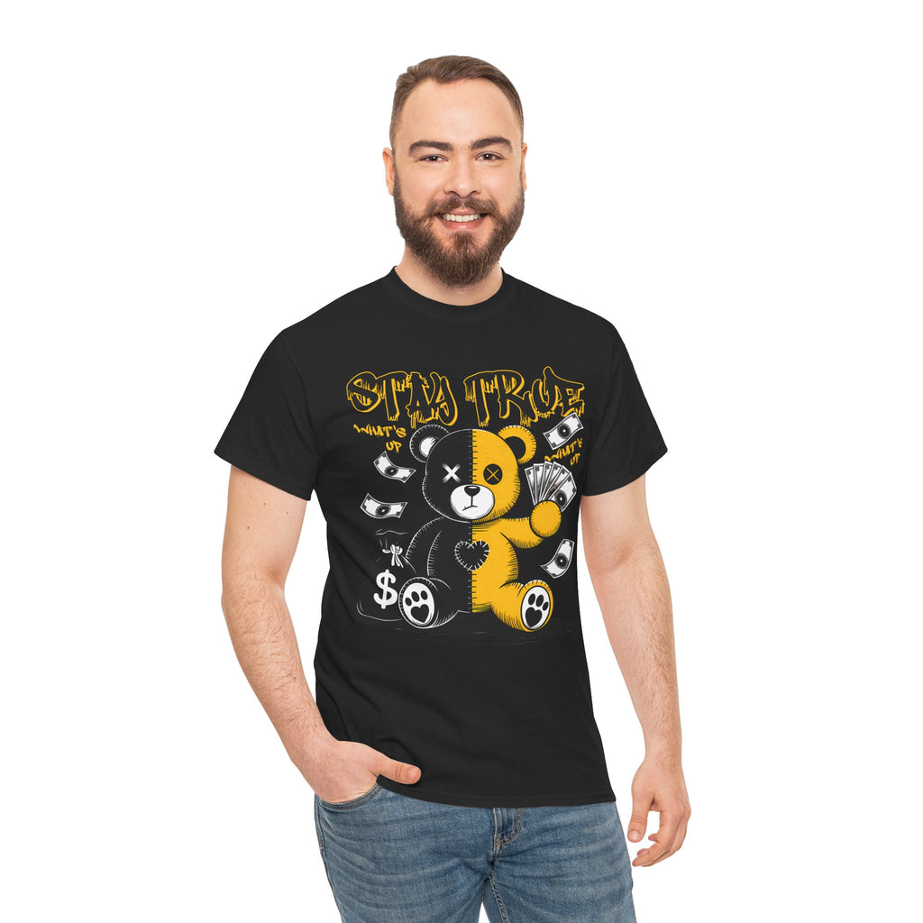 Stay True Bear Graphic Tee — Cute Black & Yellow Money Bear Shirt
