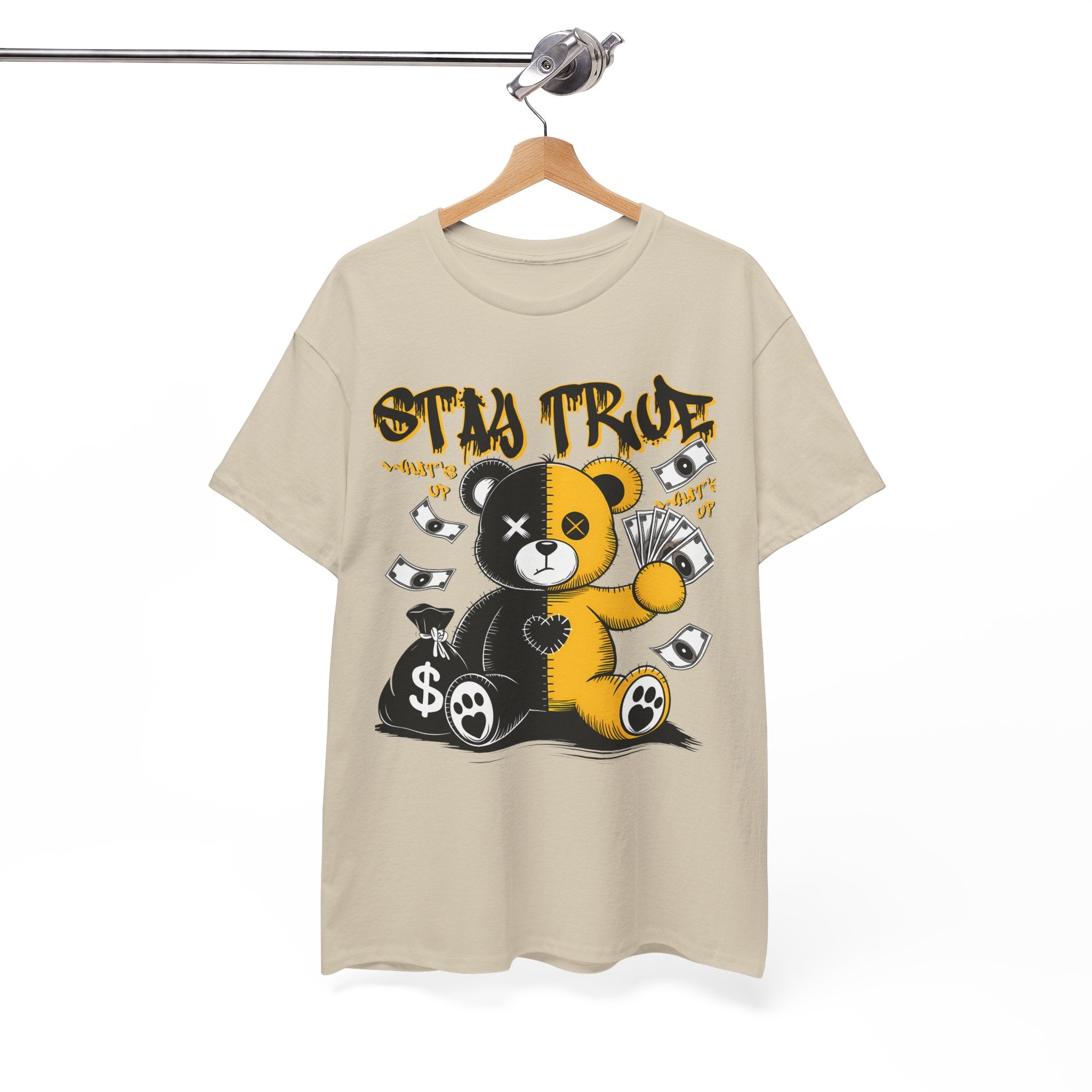 Stay True Bear Graphic Tee — Cute Black & Yellow Money Bear Shirt