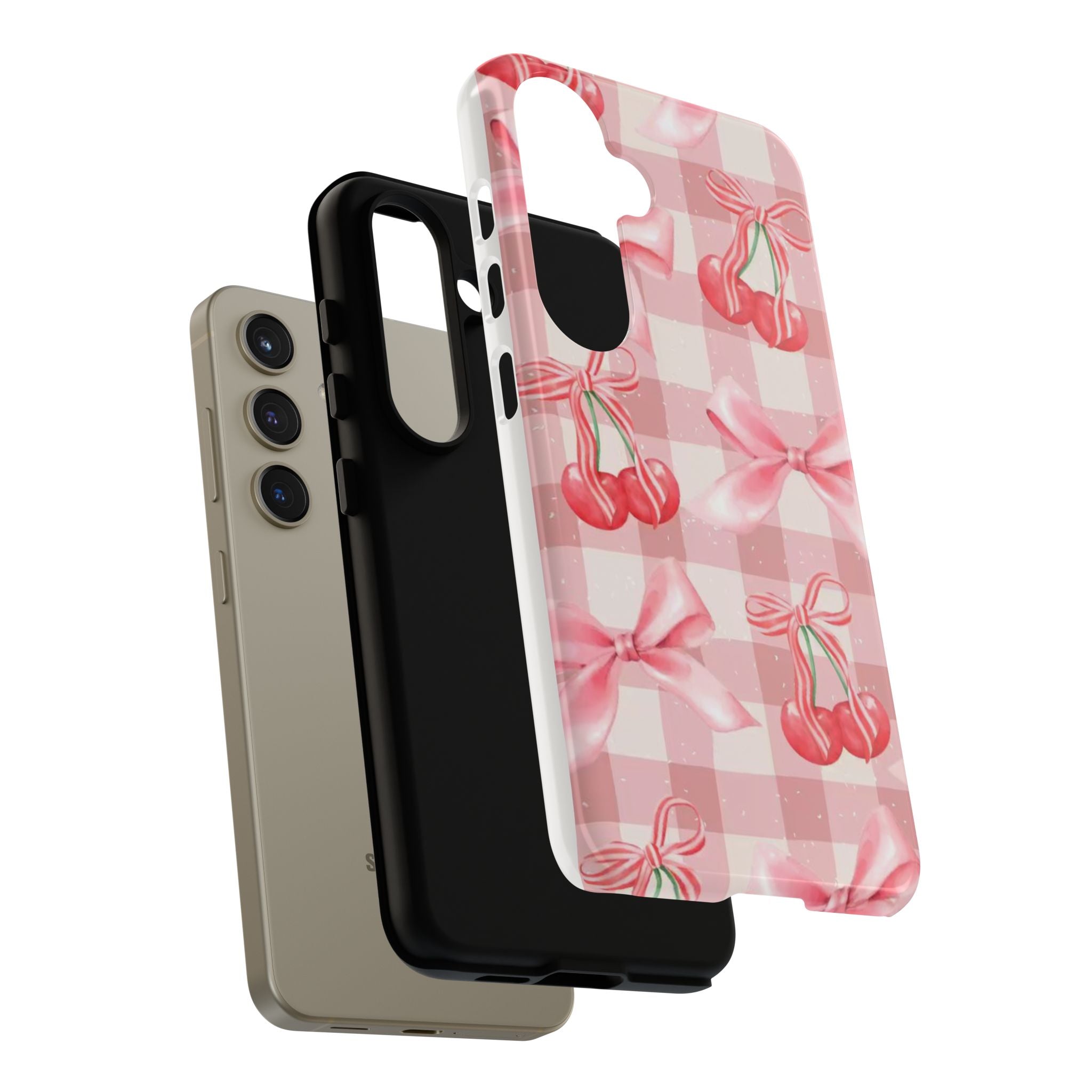 Pink Cherry Bow Phone Case — Cute Gingham Cherry Pattern