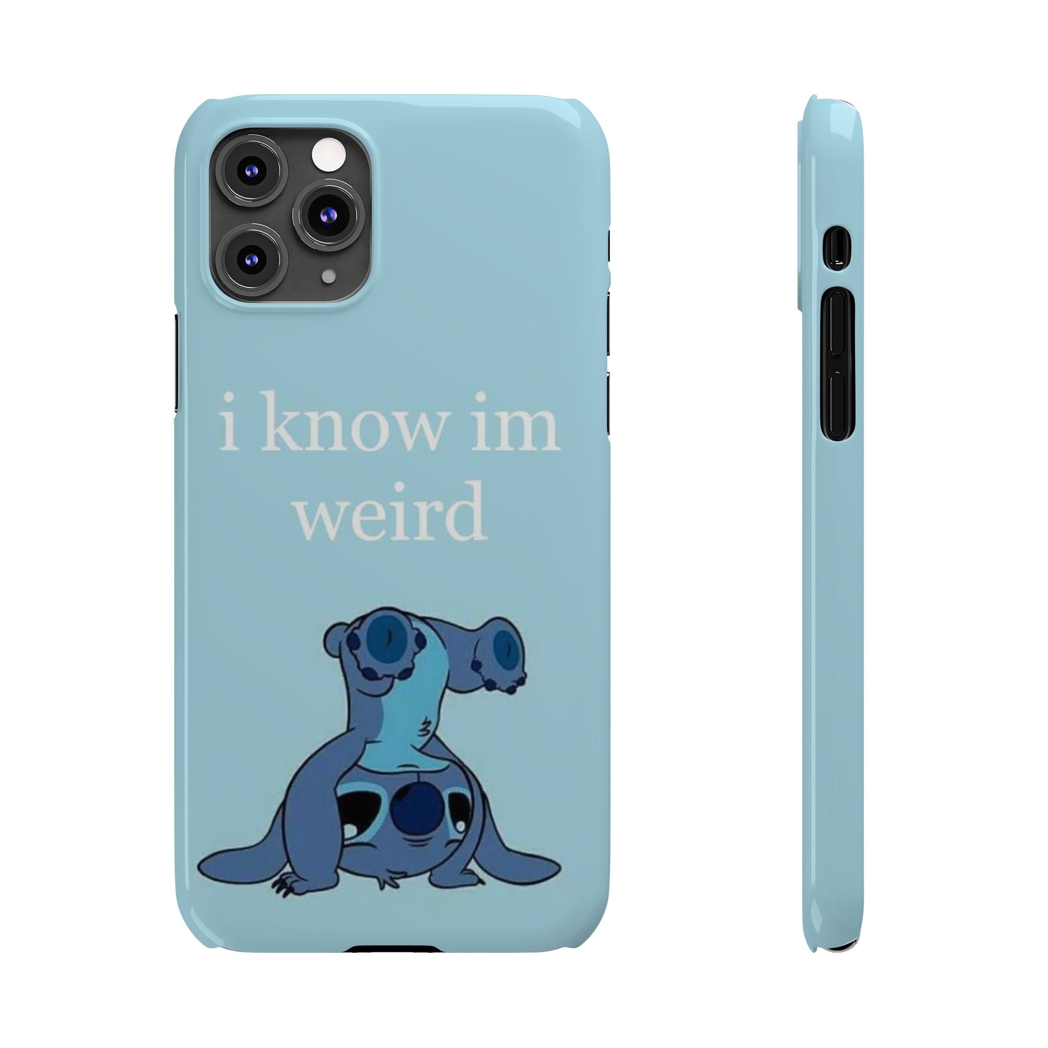 Slim Phone Case — Cute Blue Stitch Illustration with “i know im weird” Text