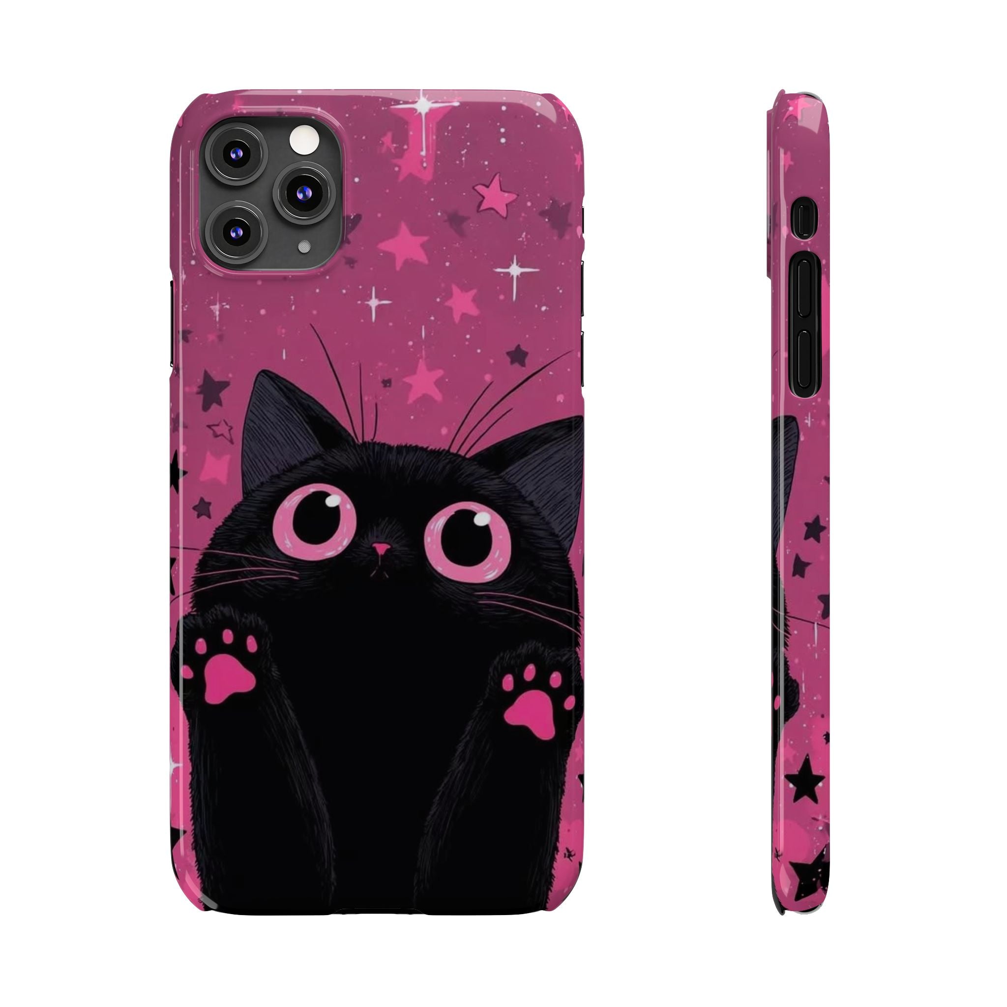 Cute Black Cat with Pink Paws Slim Phone Case | Starry Background