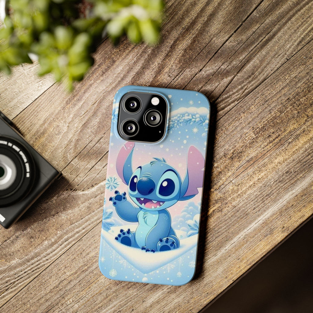 Cute Blue Alien Character Slim Phone Case | Snow Heart Pattern
