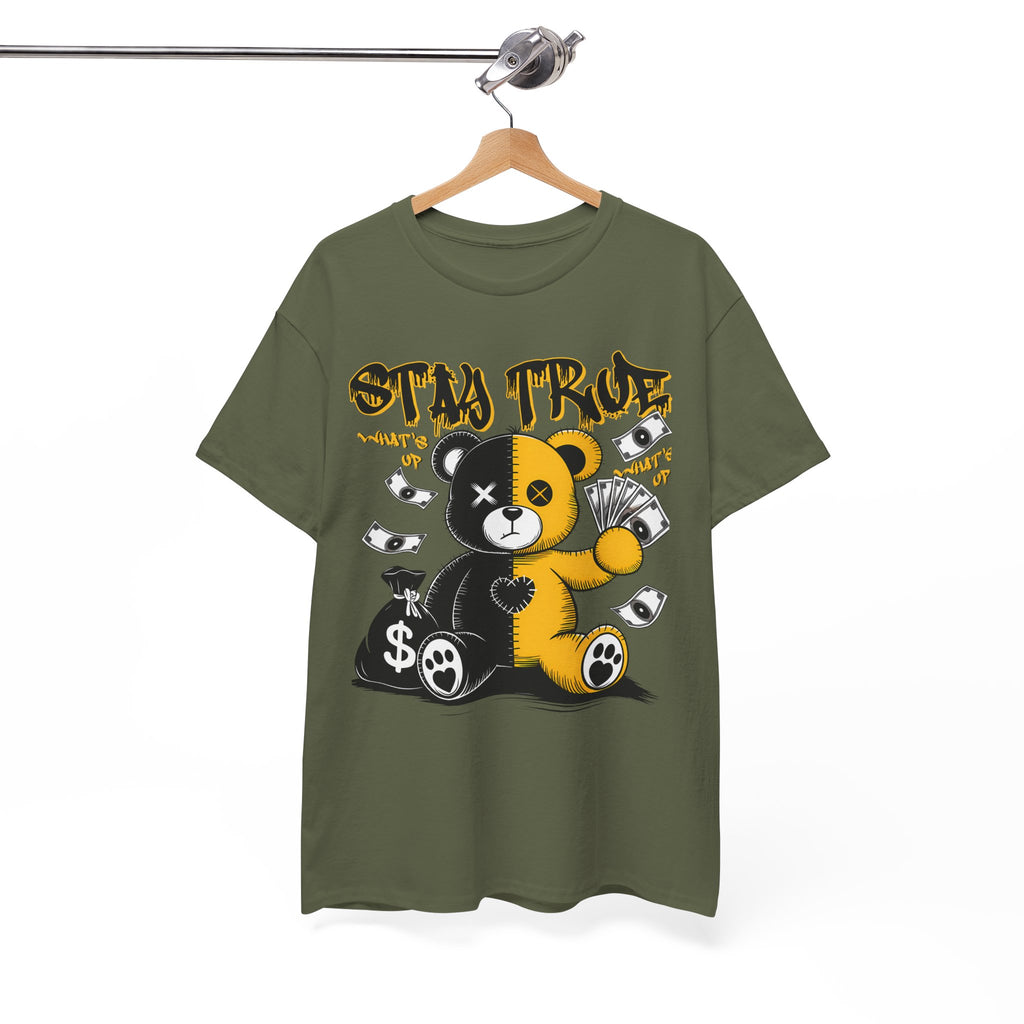 Stay True Bear Graphic Tee — Cute Black & Yellow Money Bear Shirt