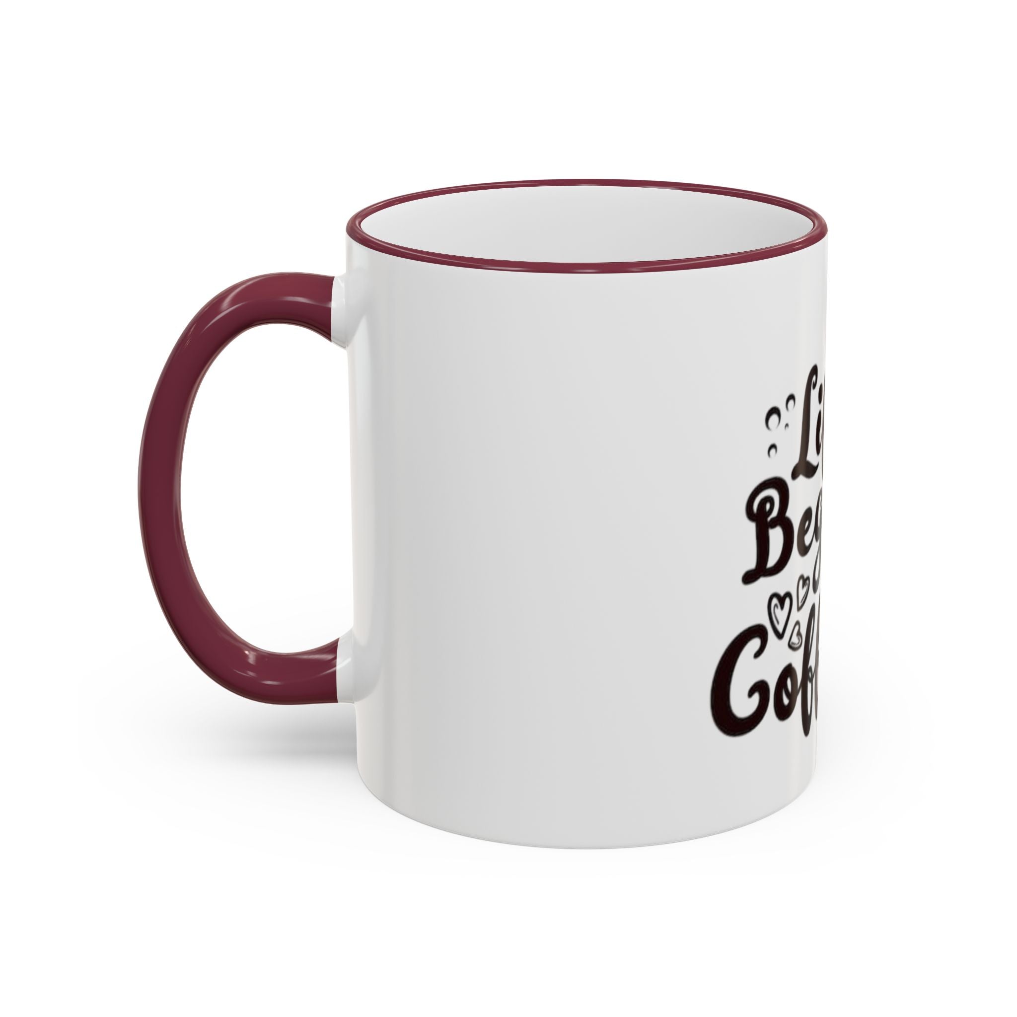 Life Begins After Coffee Accent Rim Mug — Cute Script Coffee Lover Gift (11oz/15oz)