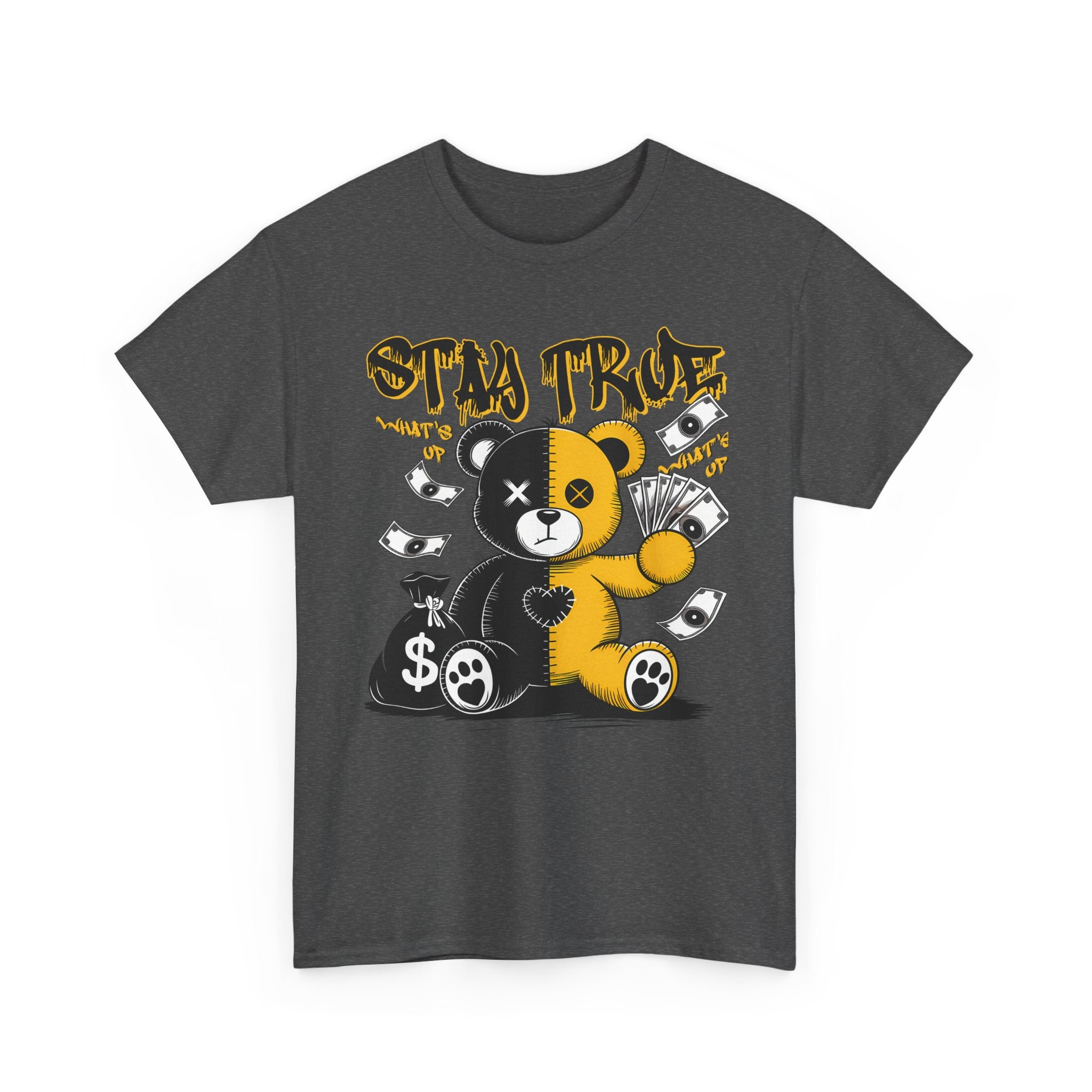 Stay True Bear Graphic Tee — Cute Black & Yellow Money Bear Shirt