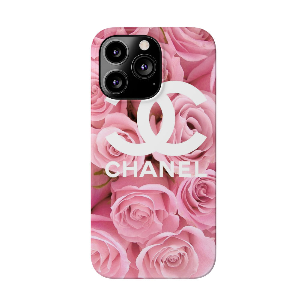 Slim Phone Case — Pink Rose Floral Design with Luxury Logo