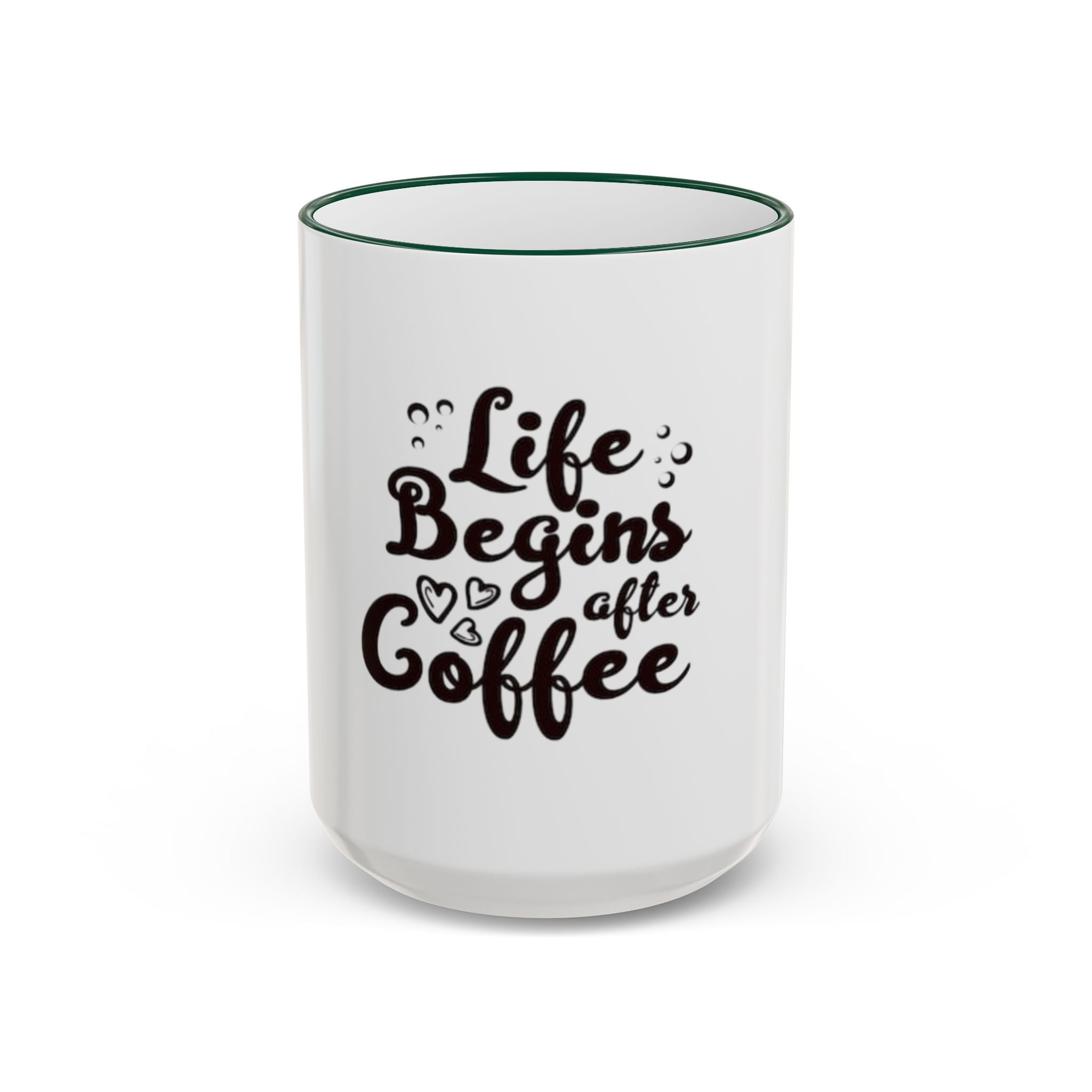 Life Begins After Coffee Accent Rim Mug — Cute Script Coffee Lover Gift (11oz/15oz)
