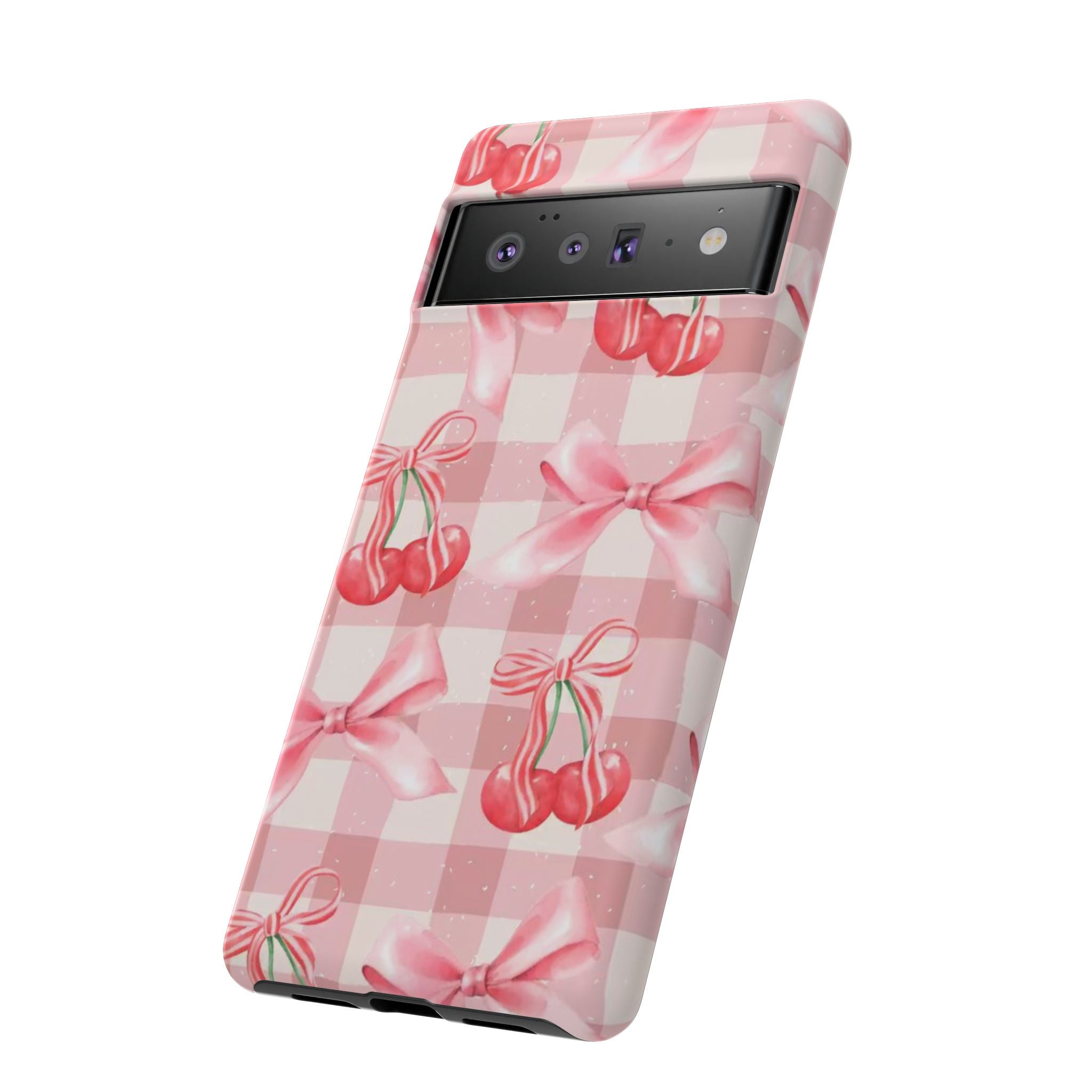 Pink Cherry Bow Phone Case — Cute Gingham Cherry Pattern