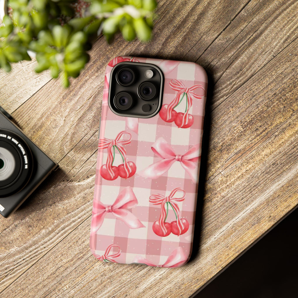 Pink Cherry Bow Phone Case — Cute Gingham Cherry Pattern