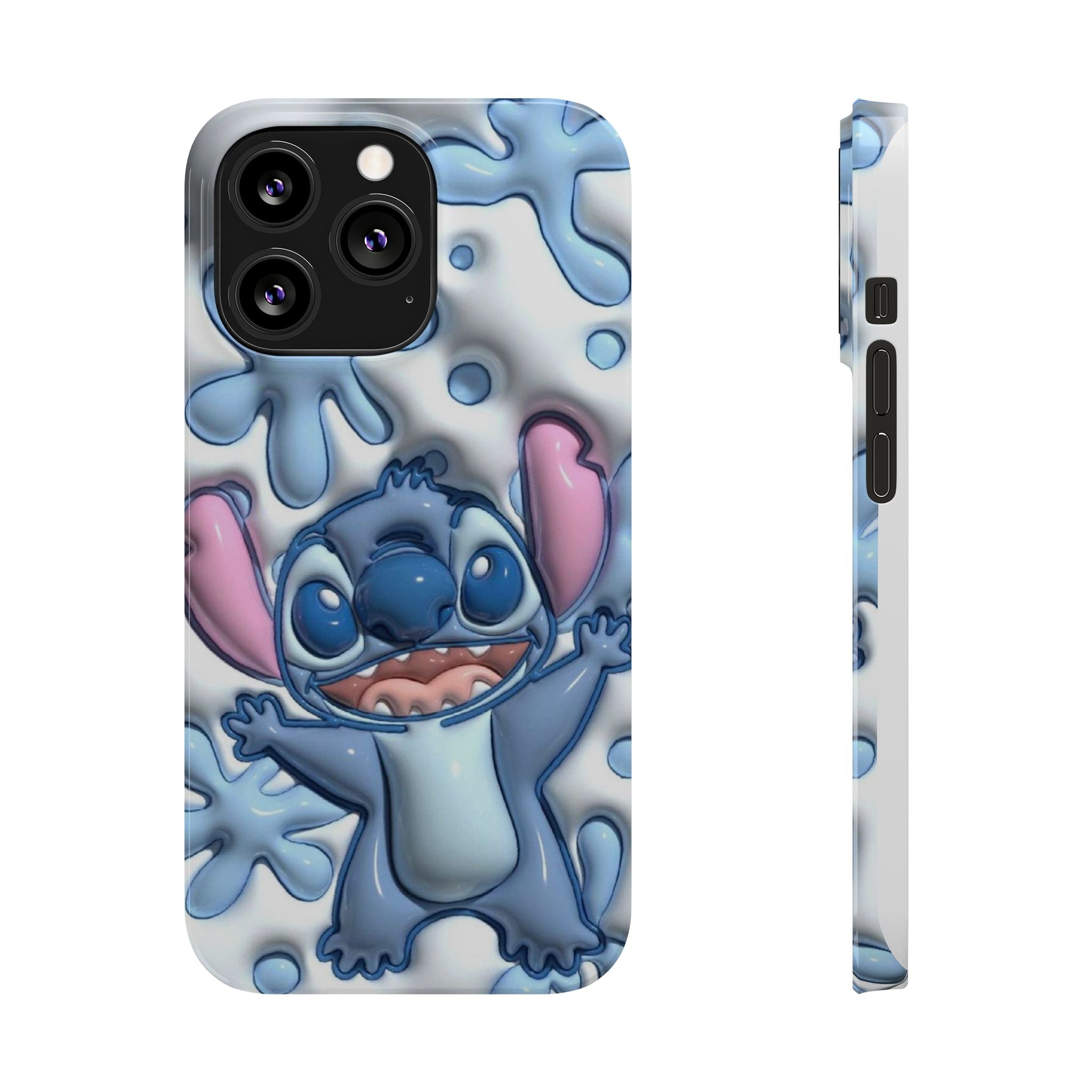 Cute Stitch Slim Phone Case – Blue Splash Cartoon Phone Cover