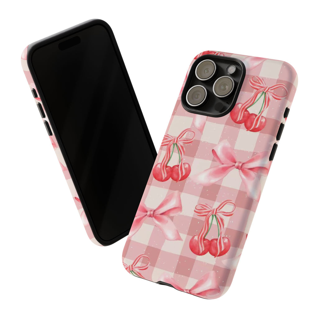 Pink Cherry Bow Phone Case — Cute Gingham Cherry Pattern