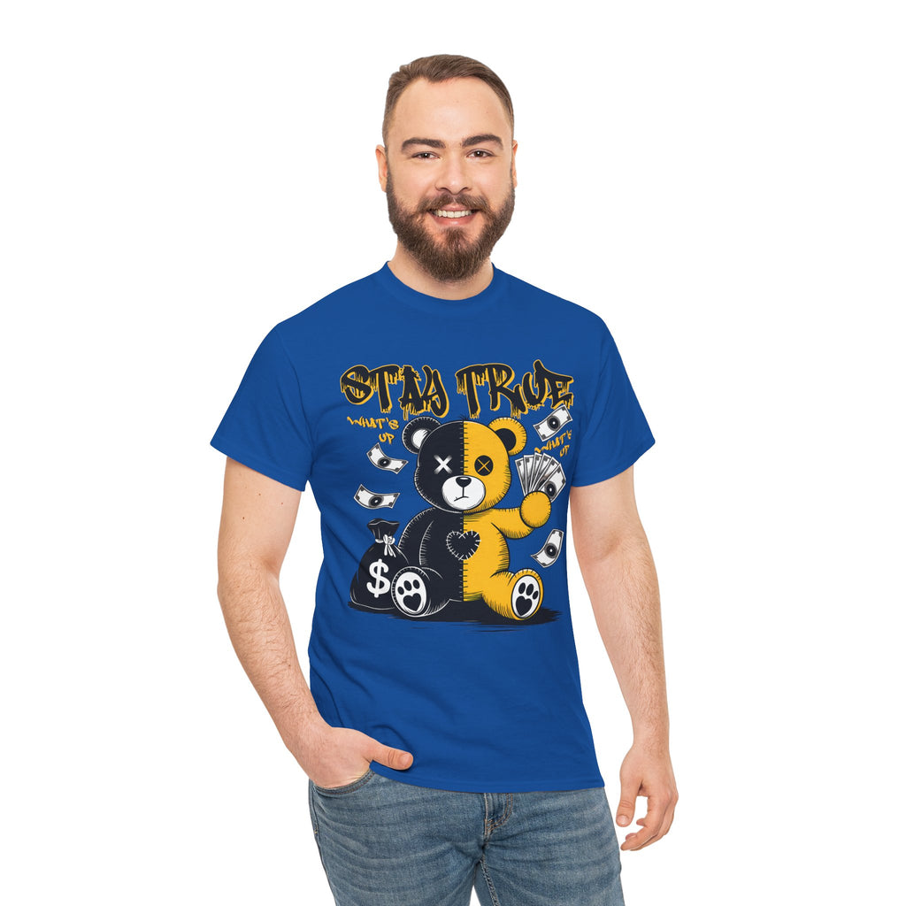 Stay True Bear Graphic Tee — Cute Black & Yellow Money Bear Shirt
