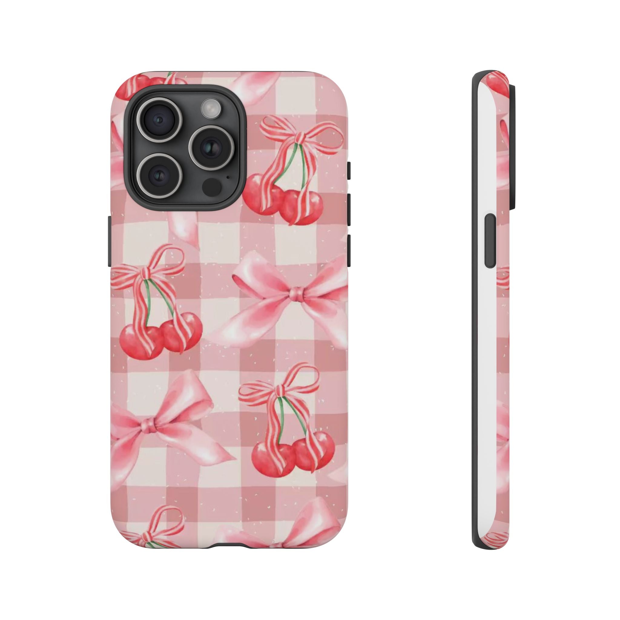 Pink Cherry Bow Phone Case — Cute Gingham Cherry Pattern