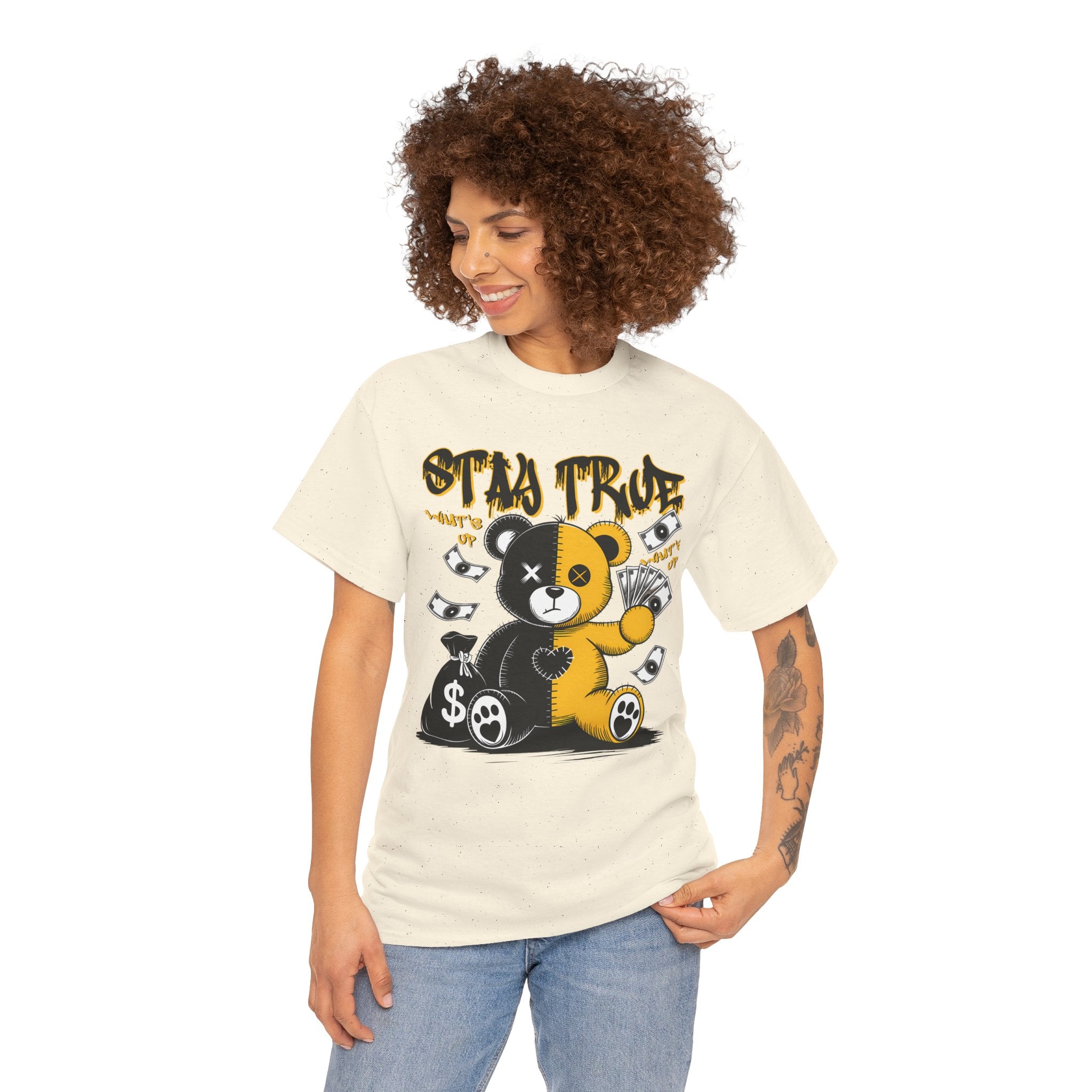 Stay True Bear Graphic Tee — Cute Black & Yellow Money Bear Shirt