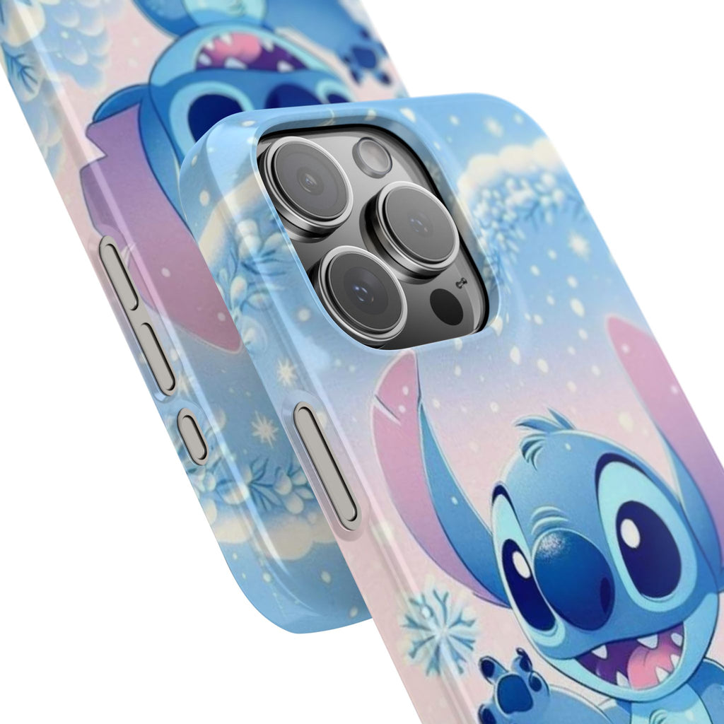 Cute Blue Alien Character Slim Phone Case | Snow Heart Pattern