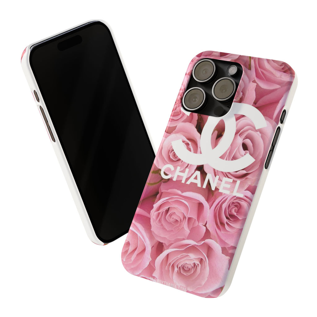 Slim Phone Case — Pink Rose Floral Design with Luxury Logo