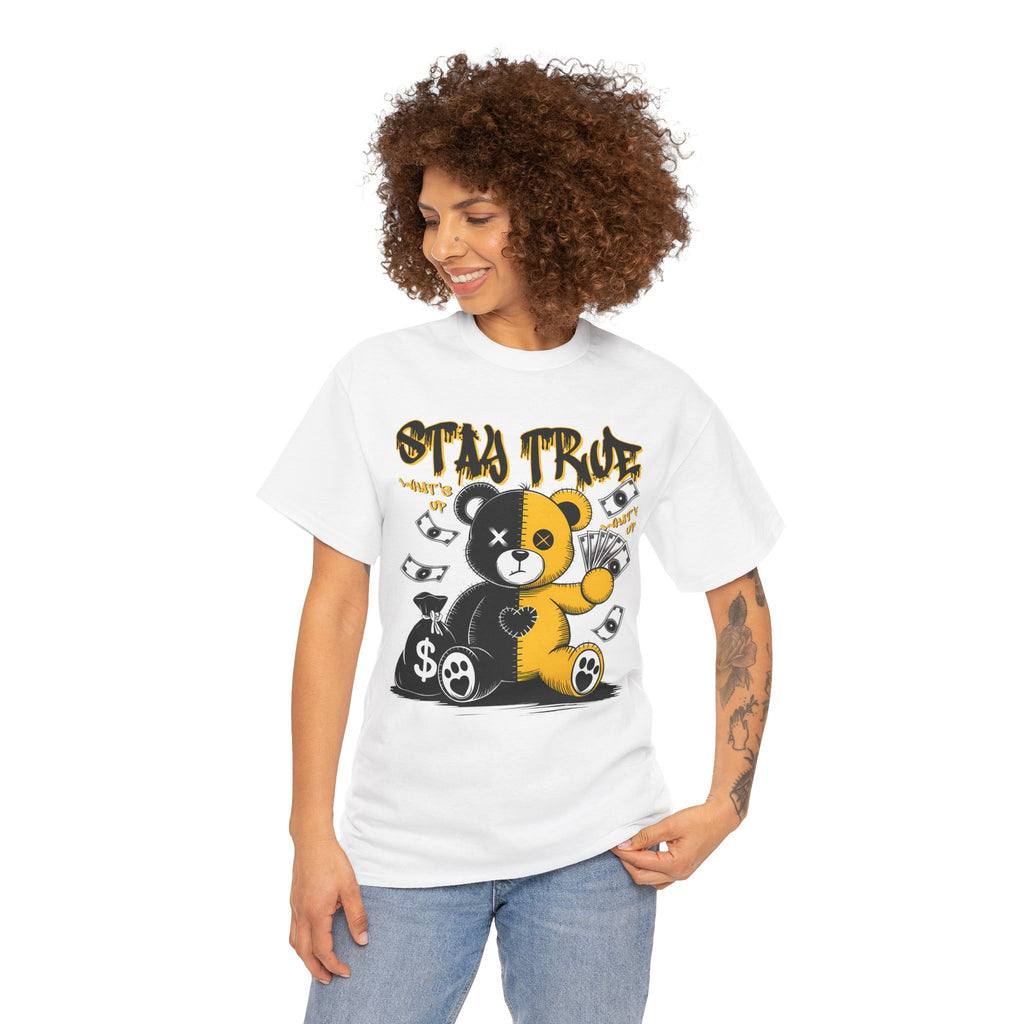 Stay True Bear Graphic Tee — Cute Black & Yellow Money Bear Shirt