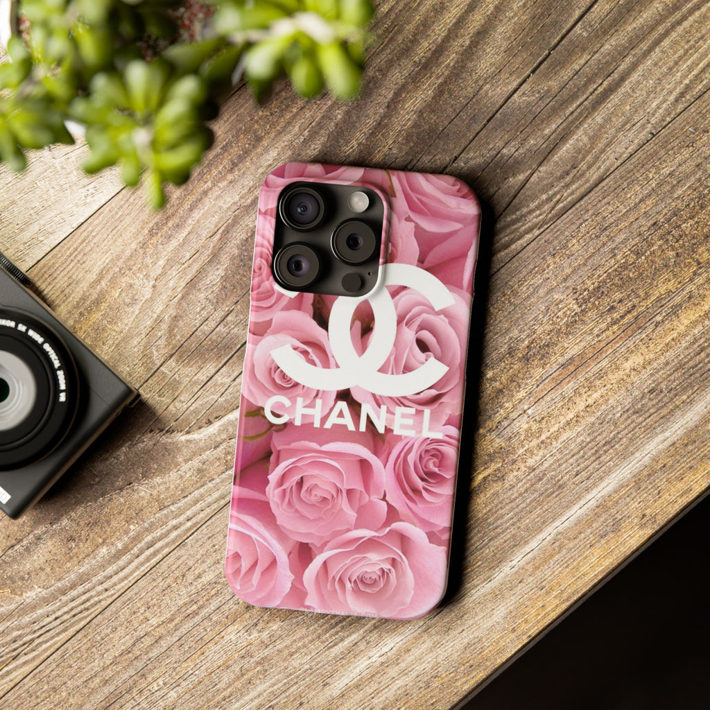 Slim Phone Case — Pink Rose Floral Design with Luxury Logo