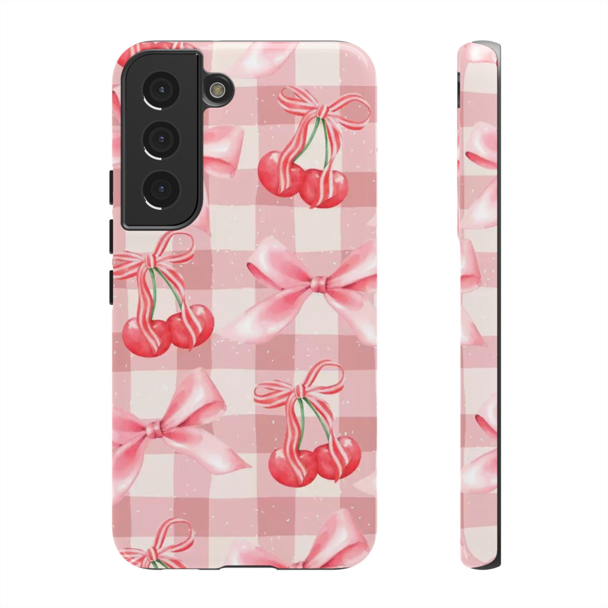 Pink Cherry Bow Phone Case — Cute Gingham Cherry Pattern