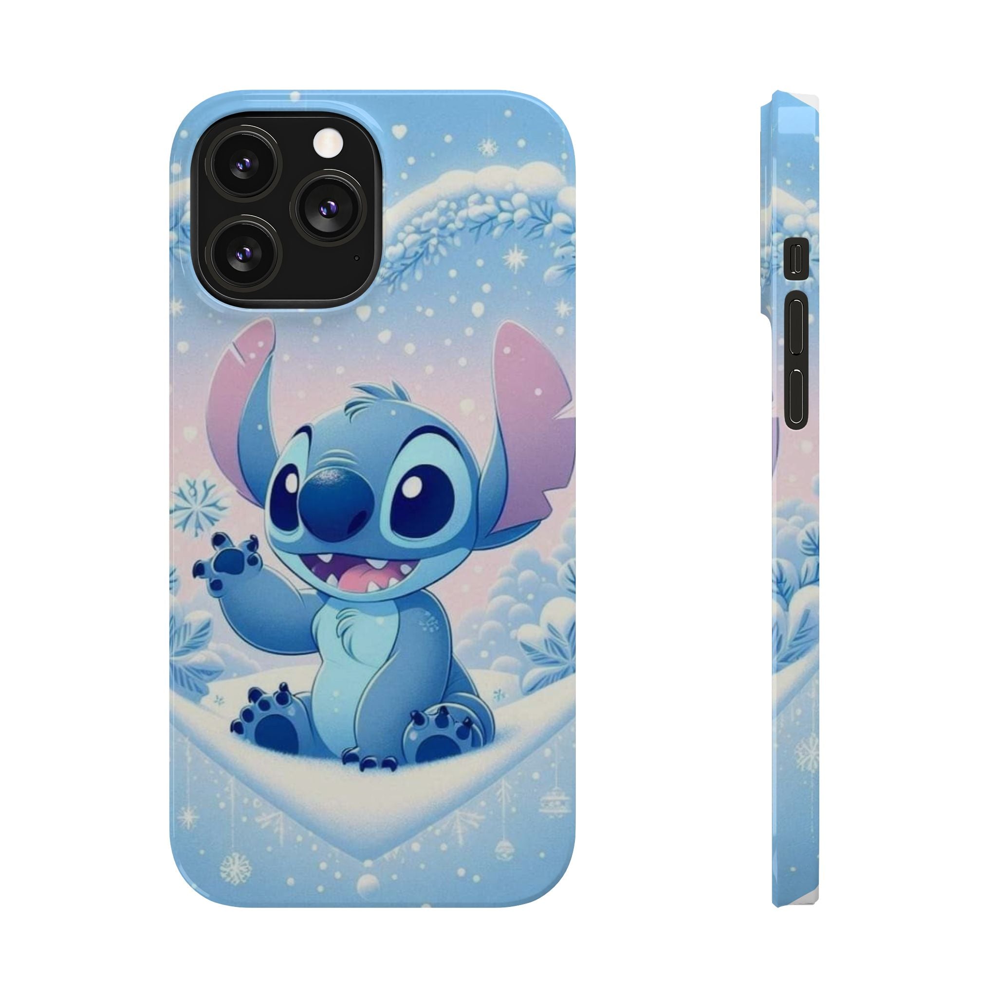 Cute Blue Alien Character Slim Phone Case | Snow Heart Pattern