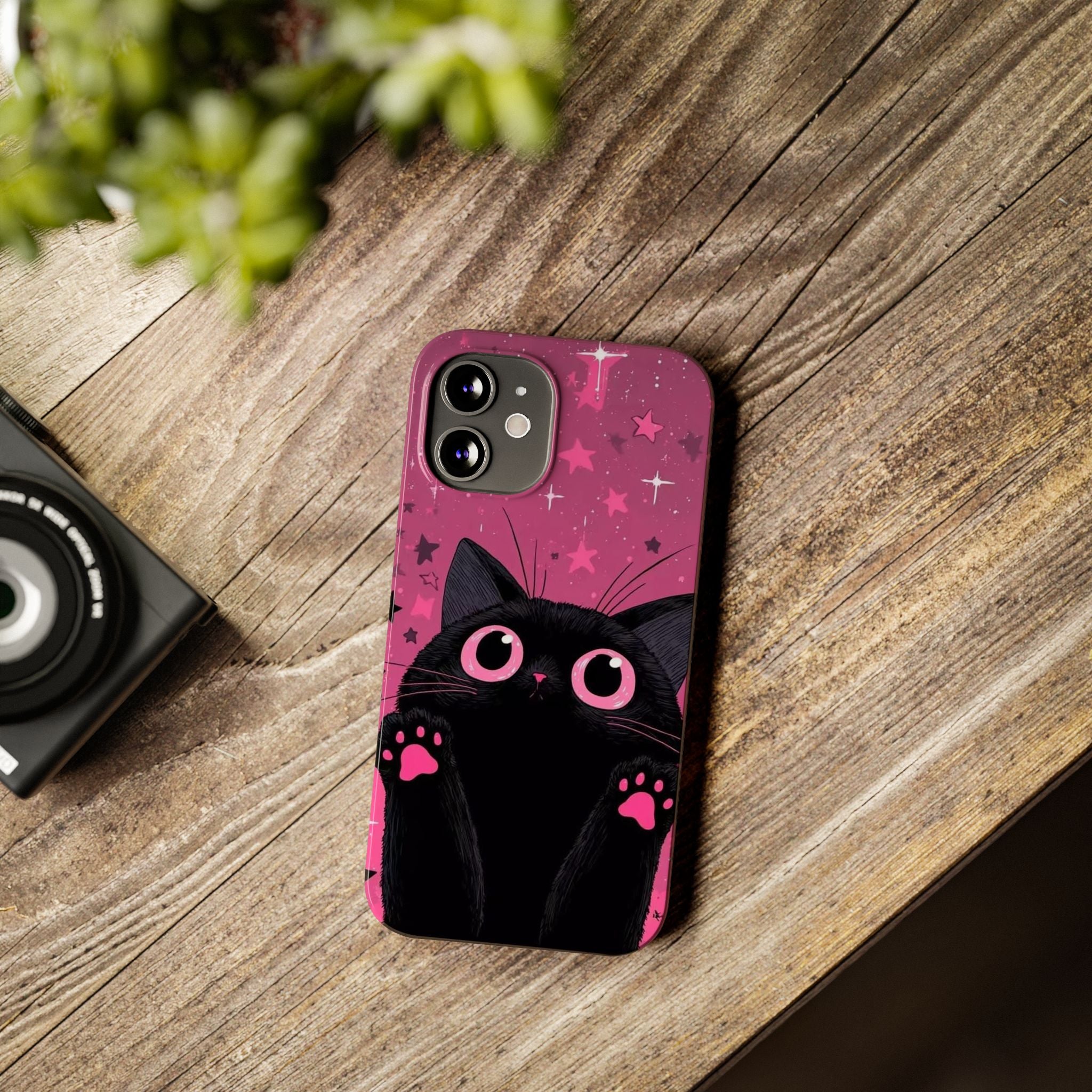 Cute Black Cat with Pink Paws Slim Phone Case | Starry Background