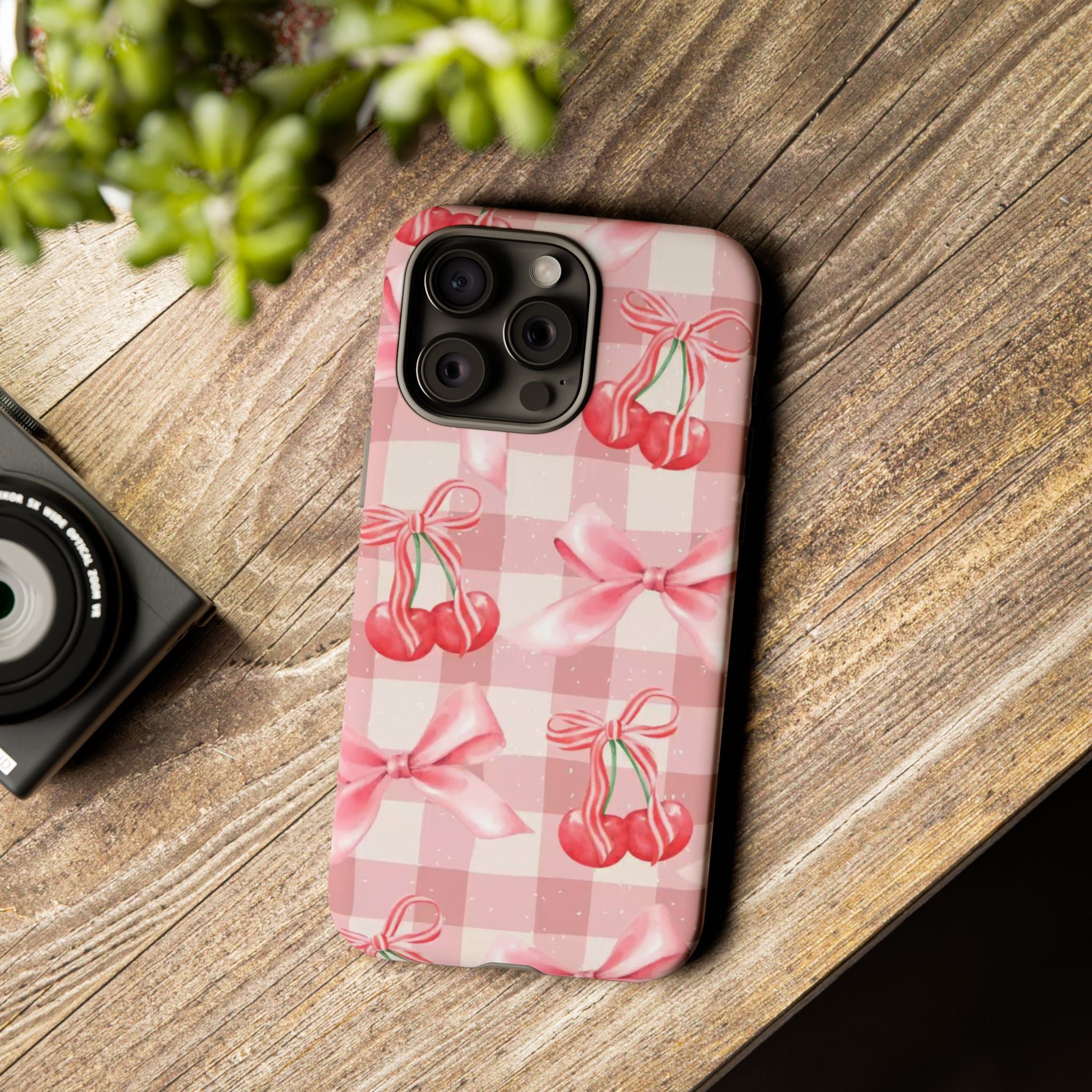 Pink Cherry Bow Phone Case — Cute Gingham Cherry Pattern