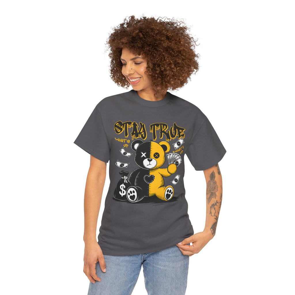 Stay True Bear Graphic Tee — Cute Black & Yellow Money Bear Shirt