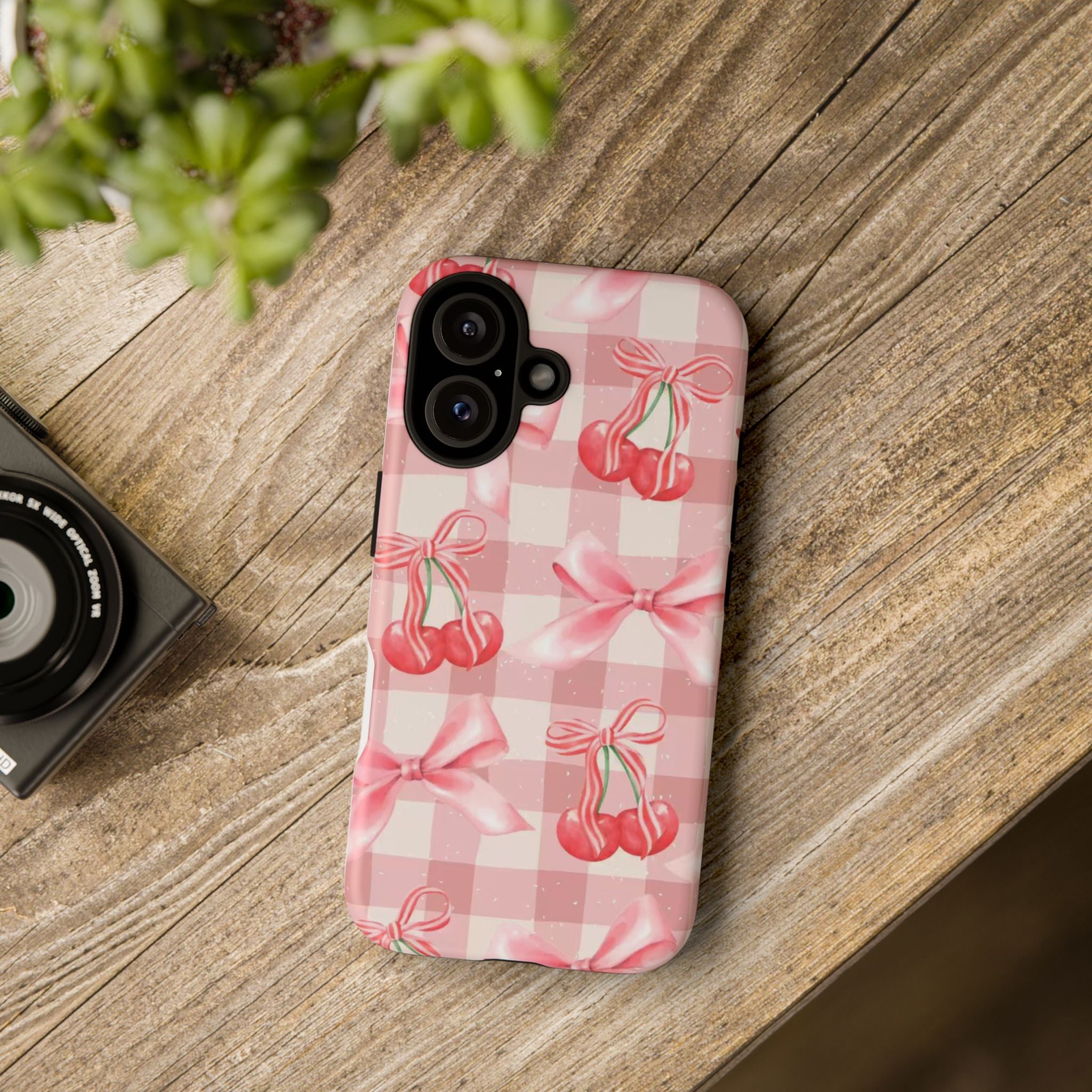 Pink Cherry Bow Phone Case — Cute Gingham Cherry Pattern