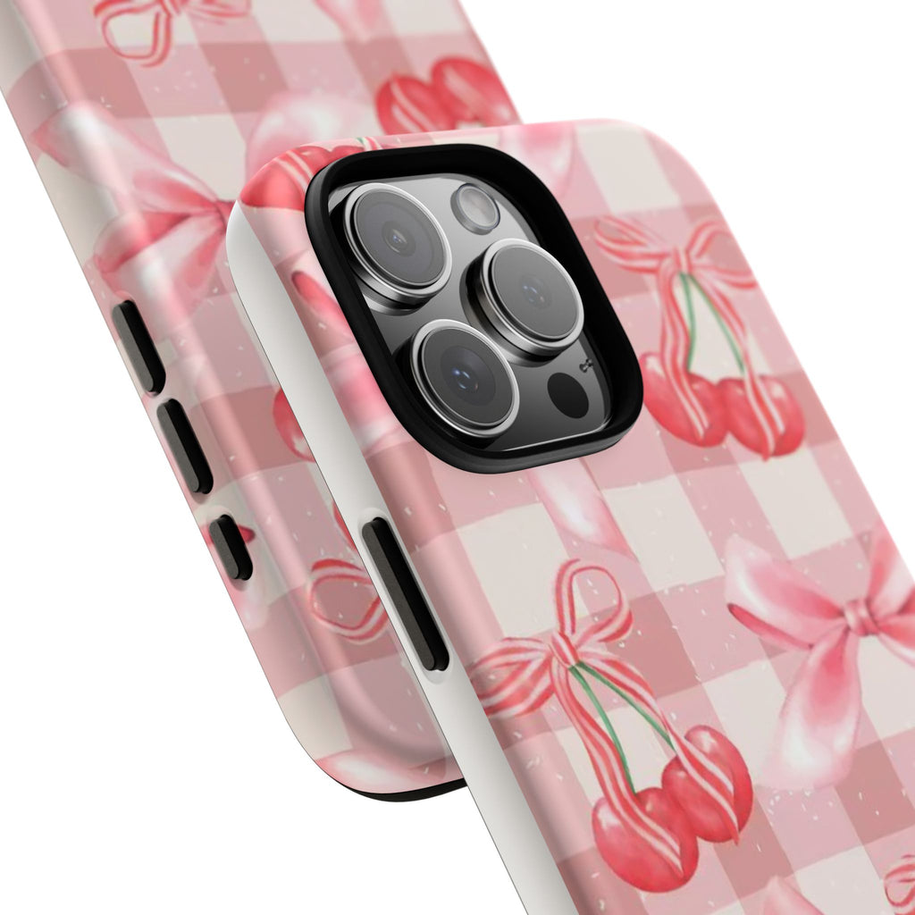 Pink Cherry Bow Phone Case — Cute Gingham Cherry Pattern