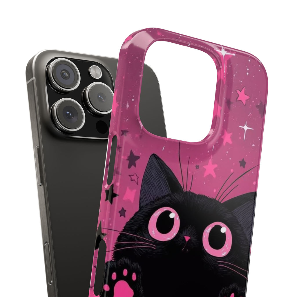 Cute Black Cat with Pink Paws Slim Phone Case | Starry Background