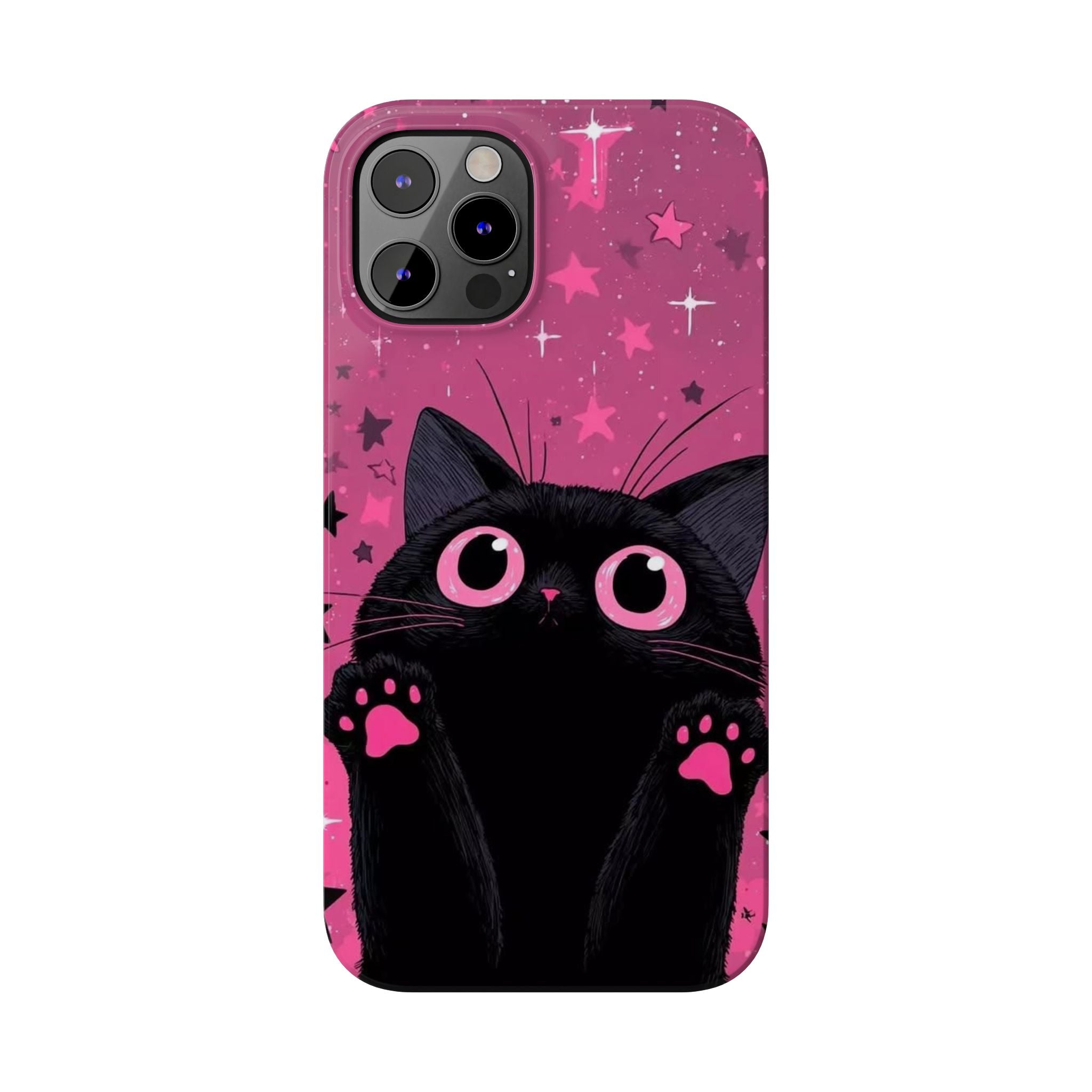 Cute Black Cat with Pink Paws Slim Phone Case | Starry Background