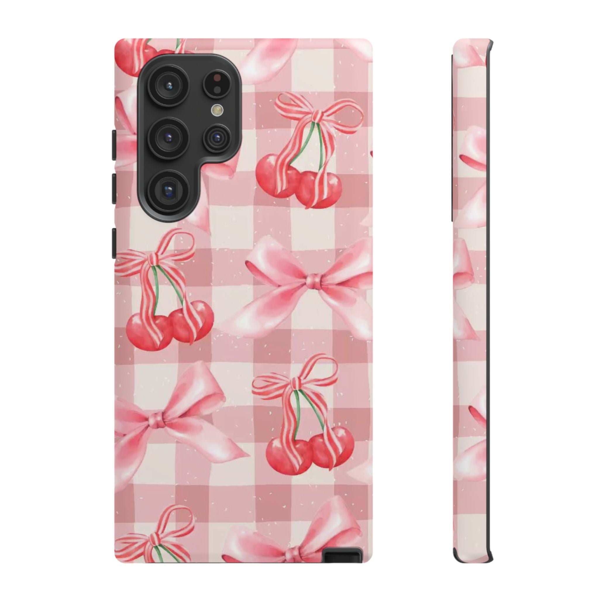 Pink Cherry Bow Phone Case — Cute Gingham Cherry Pattern